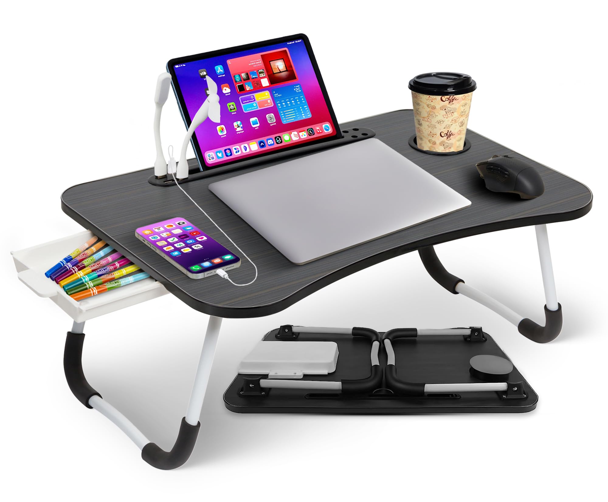 Aerolife Portable Laptop Bed Desk, Foldable Laptop Table with USB Port, Storage Drawer, Cup Holder & Tablet Slot, Adjustable Lap Desk Stand - Black
