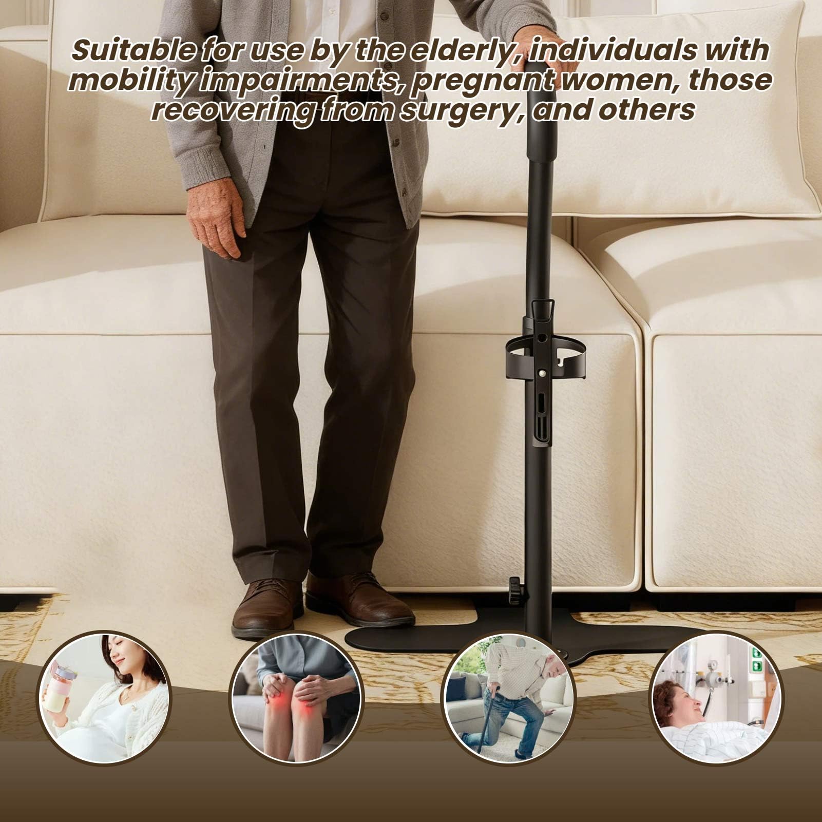 Soporte para personas mayores, altura ajustable de 62 a 87 cm, mango antideslizante y portavasos, adecuado para sofá, silla, ideal para personas mayores y personas con discapacidad