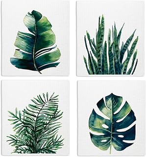 Green Leaf Swedish Dishcloths, 4 Pack Reusable Paper Towels | Green Leaf Kitchen Dish Towels for Washing Dishes, Washable Sponge Cloths for Home Cleaning Baking Cooking Housewarming Decor