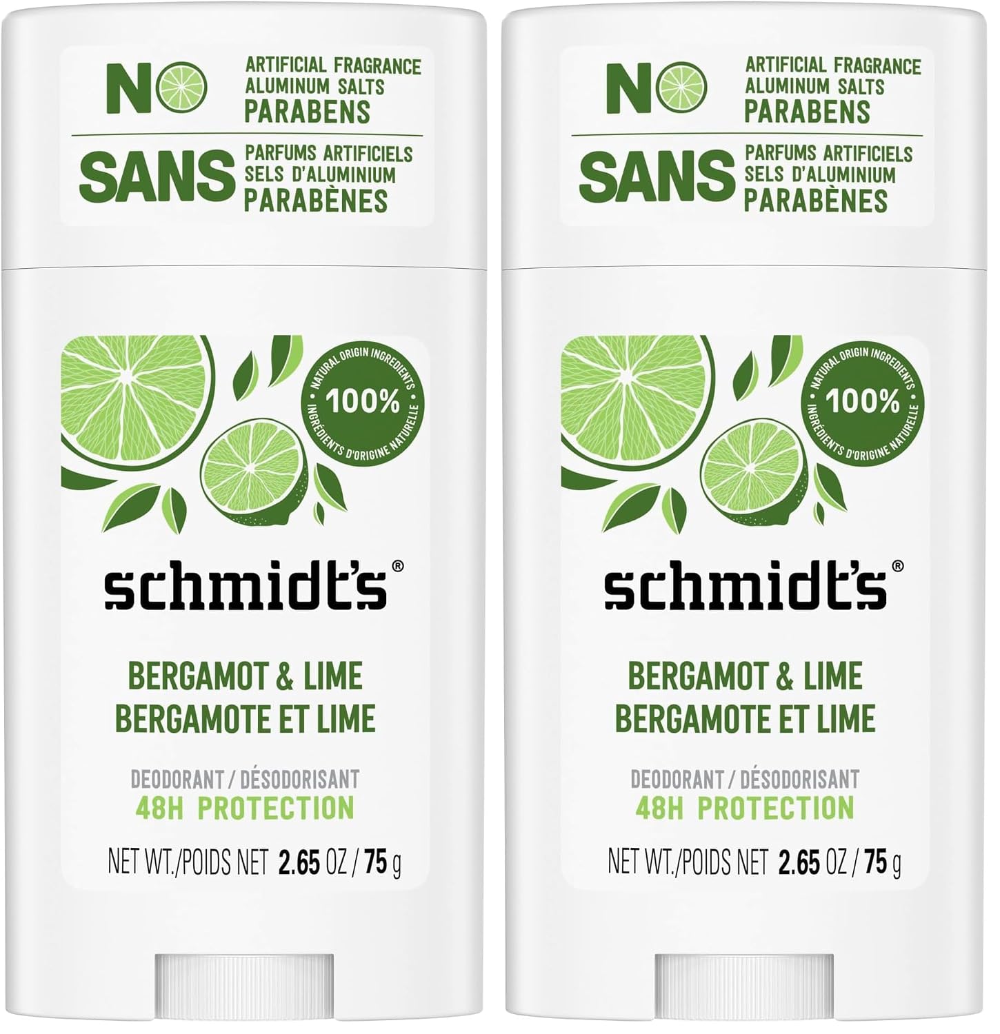 Schmidt's Natural Deodorant, Aluminum Free | Bergamot and Lime | 24 Hour Protection | Vegan | 2.65 oz