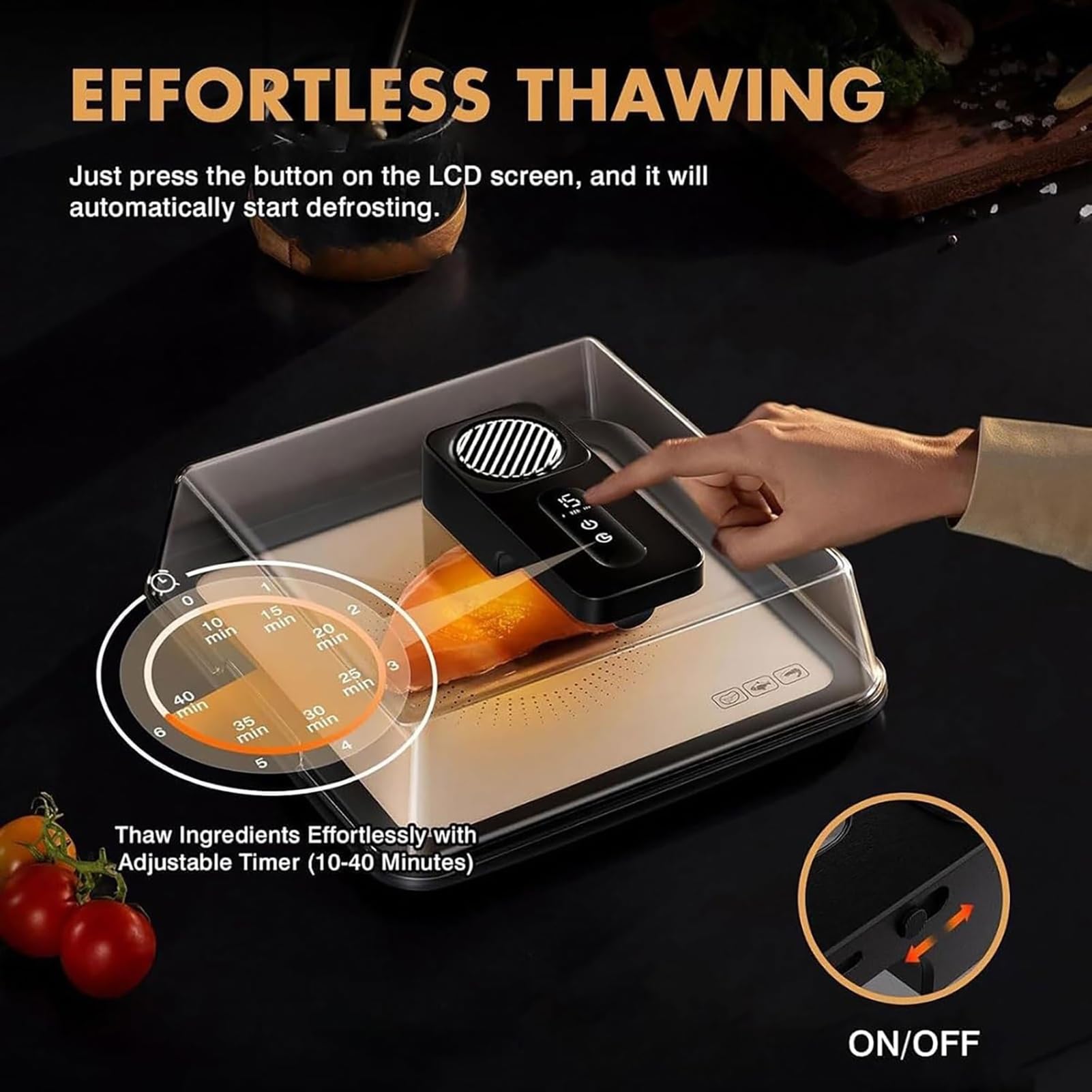 Bandeja de descongelación para carne congelada, tabla de descongelación recargable por USB con tapa, caja de descongelación eléctrica para filetes, pollo, pescado y camarones, rápida y eficiente