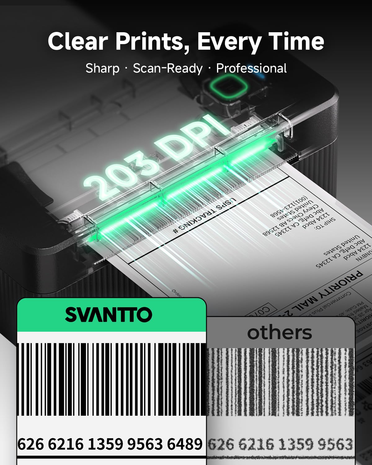 SVANTTO Bluetooth Etikettendrucker 4x6, DHL Thermodrucker für Versandetiketten 100 x 150 mm, Labeldrucker ohne Tinte für iOS Android Windows Mac, kompatibel mit Shopify, Etsy, DHL, UPS, Schwarz