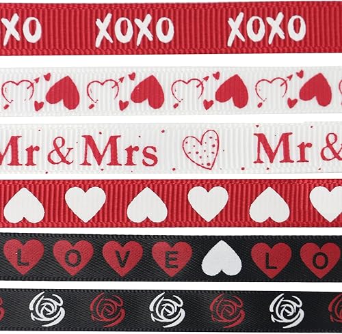 Miniatura 5 de MEEDEE - Cinta de grogrén para el día de San Valentín de 38 pulgadas, 6 rollos de cinta de corazón rojo y negro de 30 yardas para manualidades,