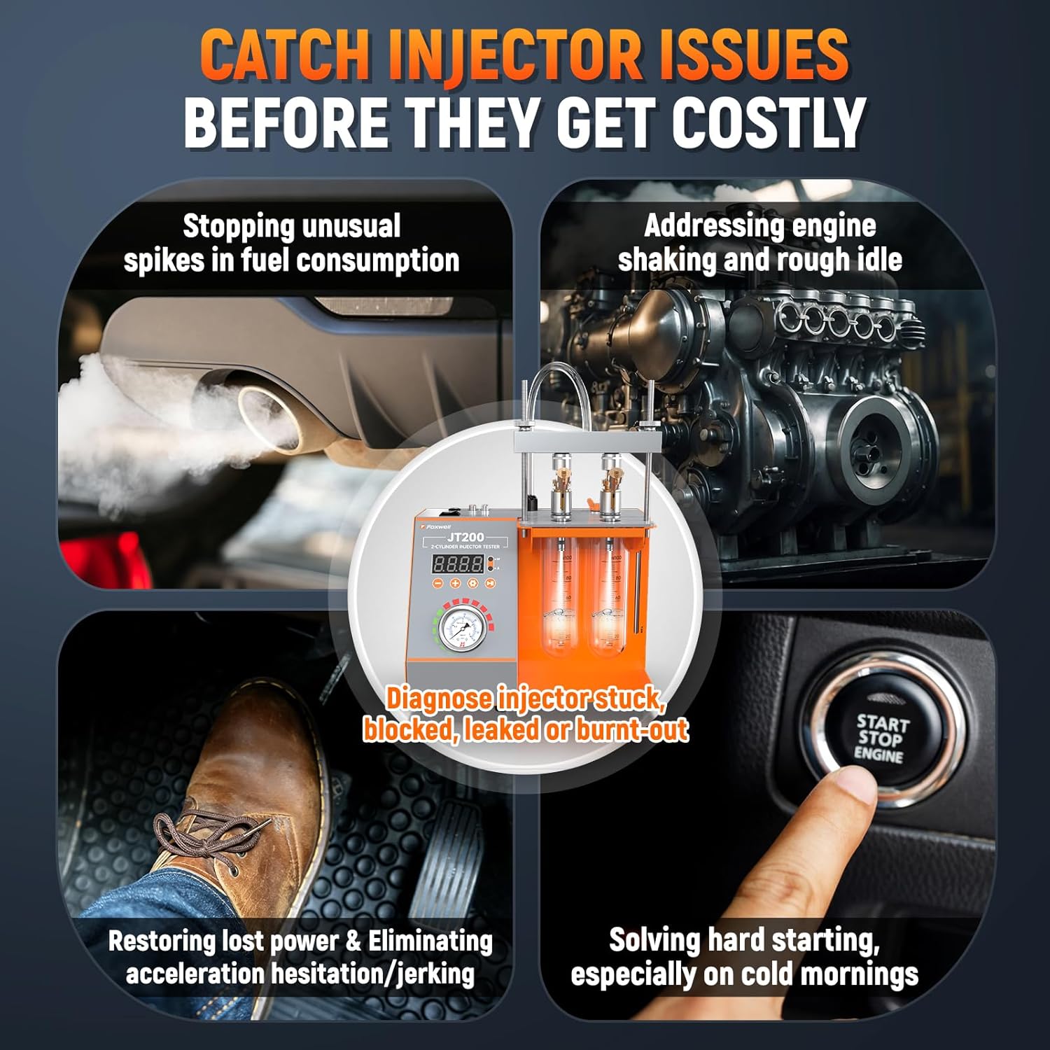 FOXWELL JT200 Fuel Injector Tester, Fix Engine Misfire & Rough Idle - Visualize Spray Pattern & Volume, Automatic Fuel Injection System Tester Diagnostic Tool for 6V/12V MPI Motorcycle & Car Injectors