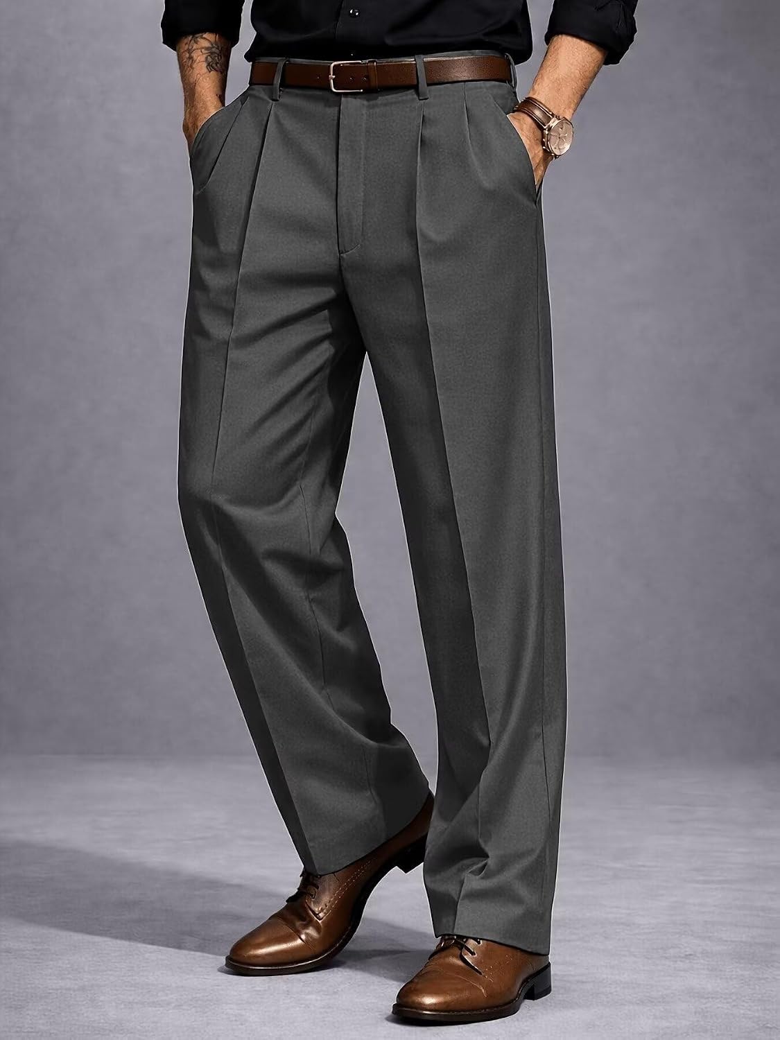 Mens Pleated Baggy Suit Pants Classic Lightweight Relaxed