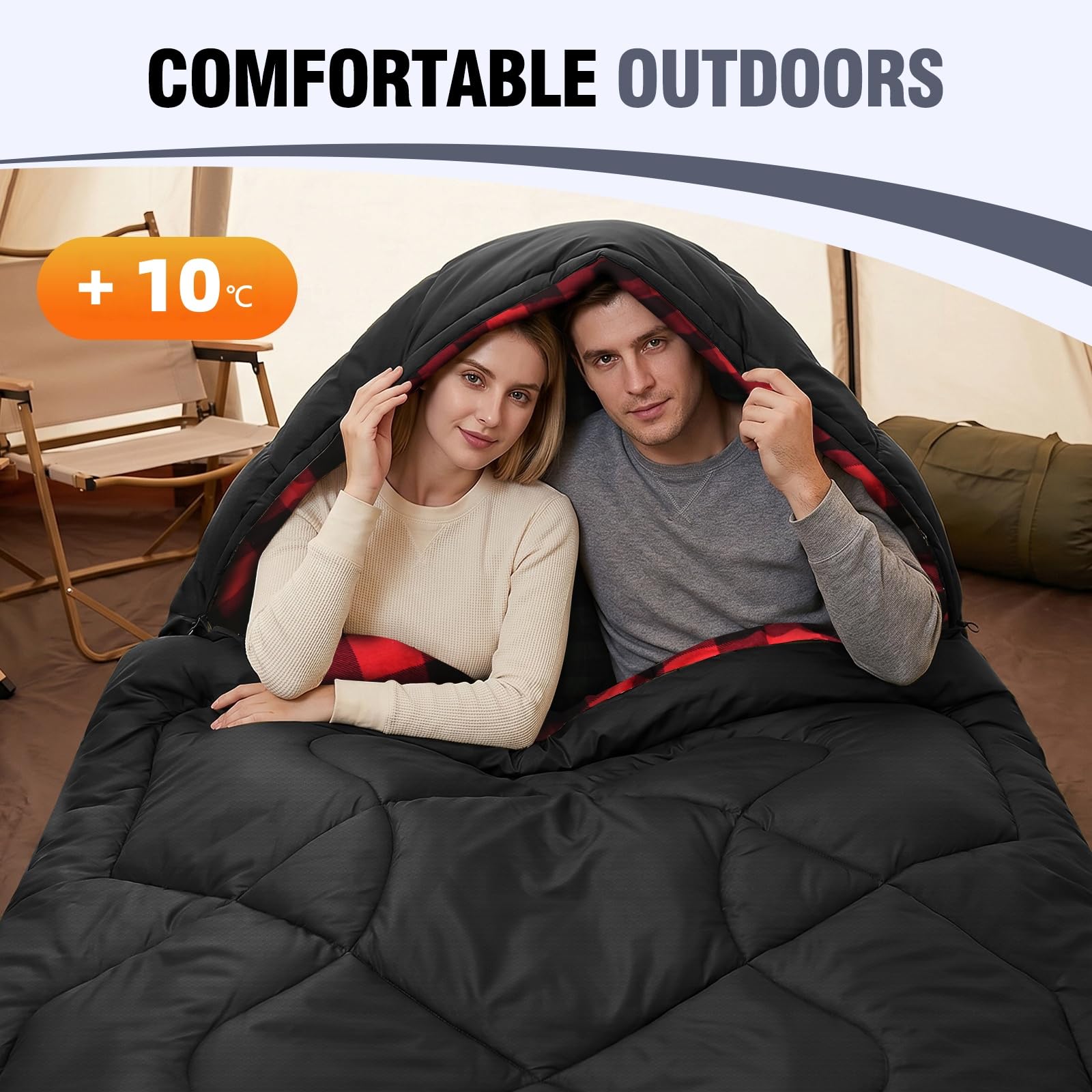Flanell Doppelschlafsack 230x160cm für 2 Personen XXL | 100% Baumwolle Futter, wasserabweisend, 4-Jahreszeiten Deckenschlafsack – ideal für Paare, Familien Camping, Wohnmobil-Reise