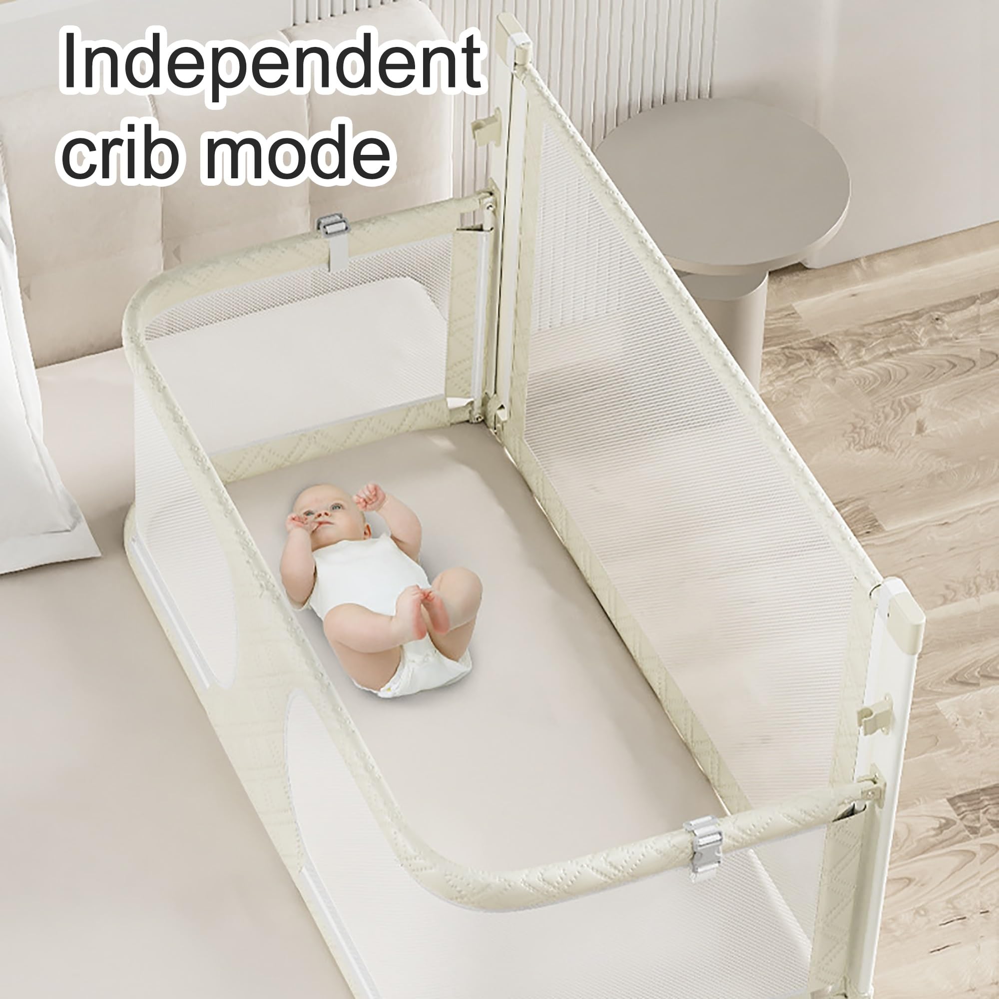 3-in-1-Babywiege, Beistellbett Baby, Babybett, reisebetten Baby, Babyseitenschläfer, atmungsaktives und sichtbares Netzfenster, Babybett am Bett der Eltern befestigt(Milky White)