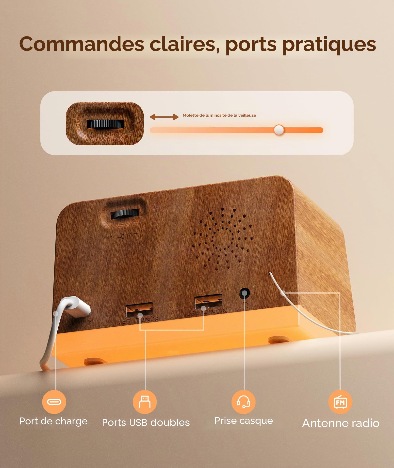 Dreamegg Radio Réveil Numérique avec FM et Bruit Blanc, Double Alarme | 25 Sons, Écran 5 Niveaux, Veilleuse 0-100%, Minuterie 10-480min, 2 Ports USB, Snooze, Prise Casque, pour Chambre, Cadeau