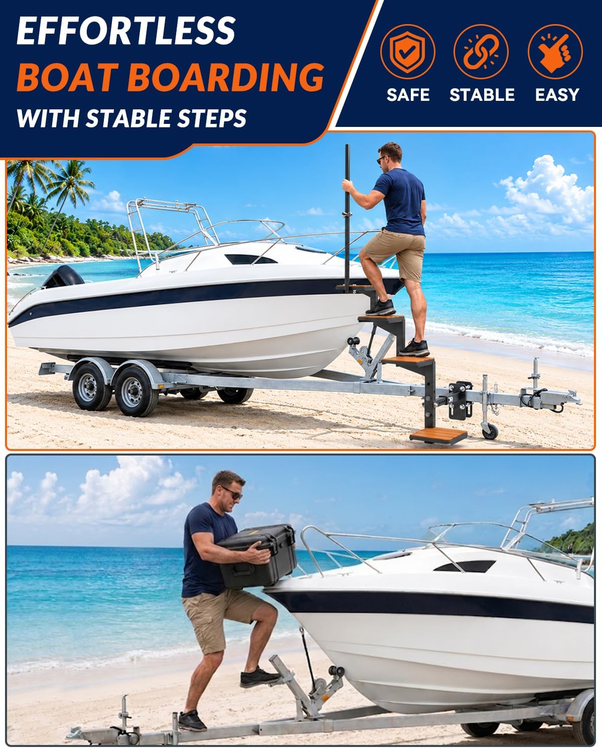 Boat Trailer Steps, 4 Step Heavy Duty Trailer Tongue Step w/Telescopic Arm