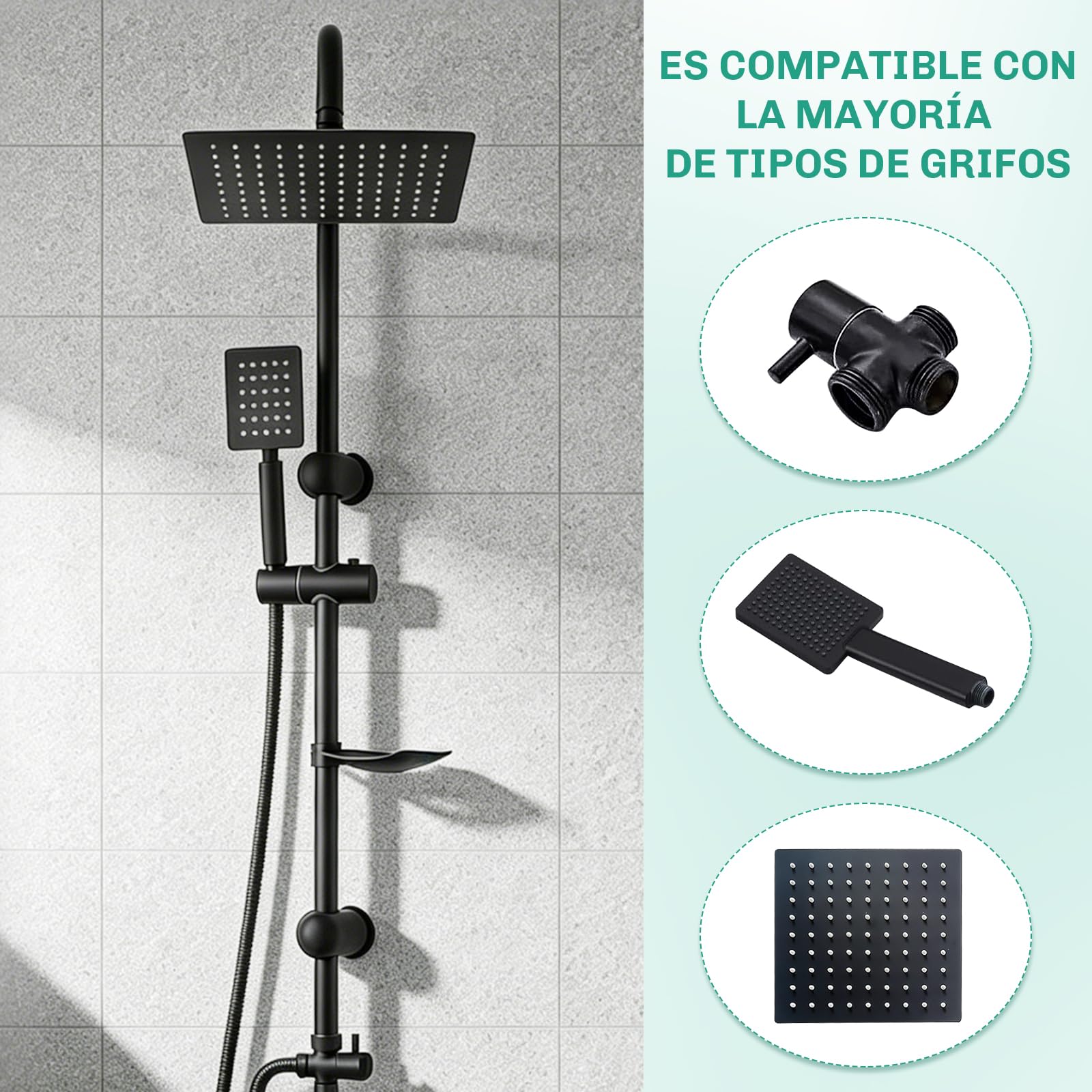 Columna Ducha Senza Miscelatore, Columna Ducha Completo con Rociador Ducha 20×20 cm Cuadrado y Ducha de Mano y Manguera, Regulable 92cm, Acero Inox, Negro