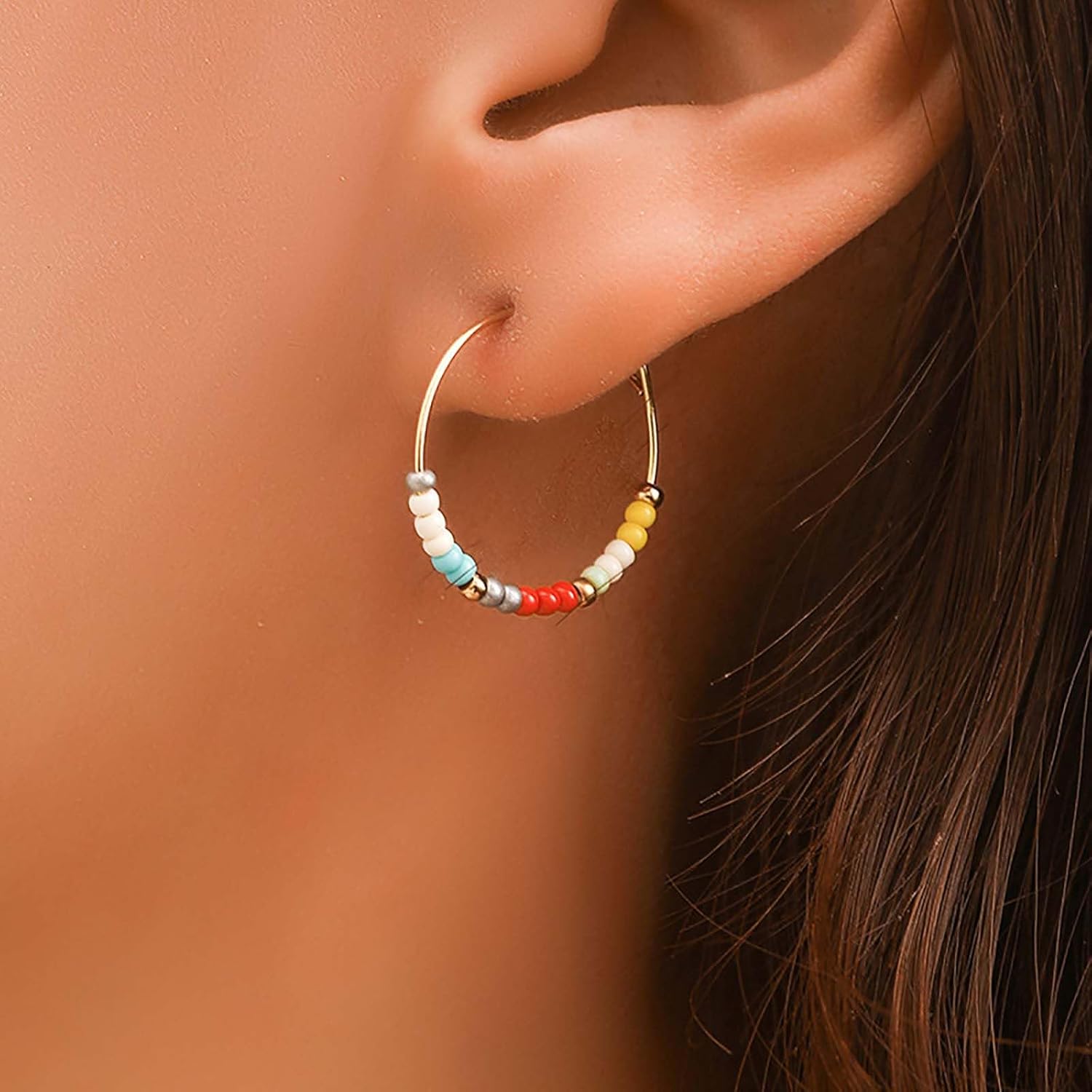 Andelaisi Boho Beaded Hoop Earrings Colorful Seed Bead Circle Hoop Earrings Rainbow Beads Circle Round Hoop Earrings Mixed Seed Bead Hoop Dangle Earrings Jewelry for Women - Image 2