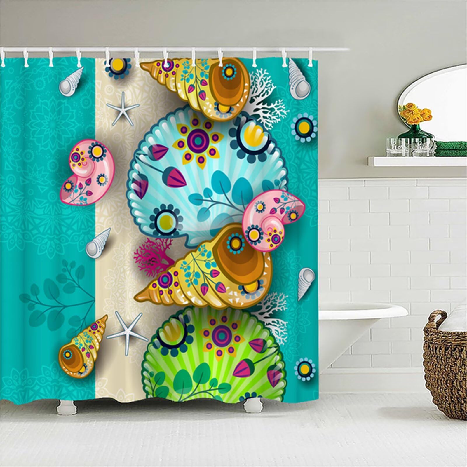 conchiglia,conchiglie Tenda Doccia W300cm x L200cm Tende Doccia Antimuffa,Orlo Ponderato Impermeabile Tessuto,3D Shower Curtain con Ganci per Dormitorio Appartamento Hotel Tenda ​Bagno Decor M-755