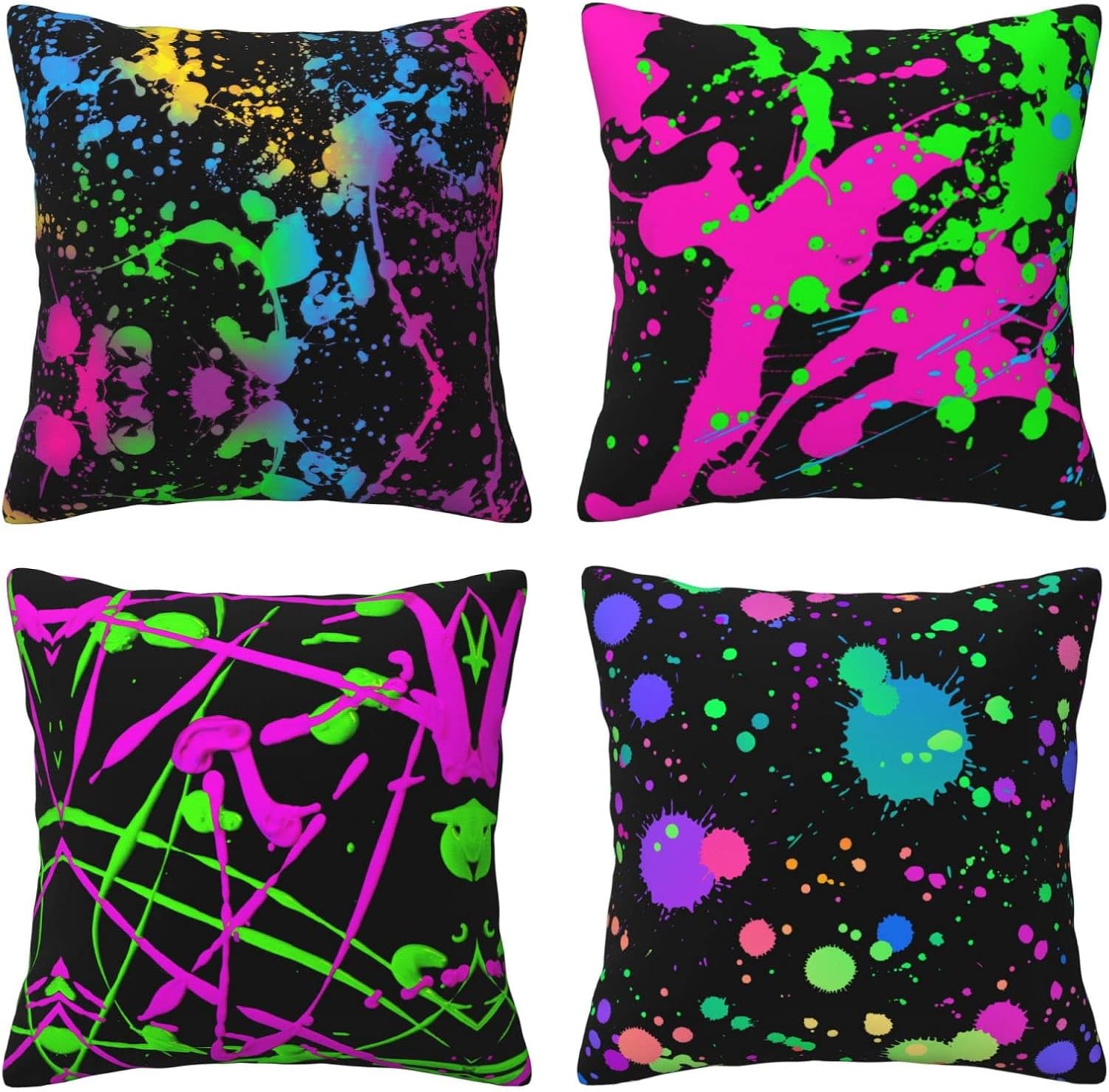 Glow in Dark Splatter Neon Set of 4 Throw Pillow Covers Square Pillowcase Home Decor for Couch Sofa Bed, Double-Sided Pattern 18x18 Inches