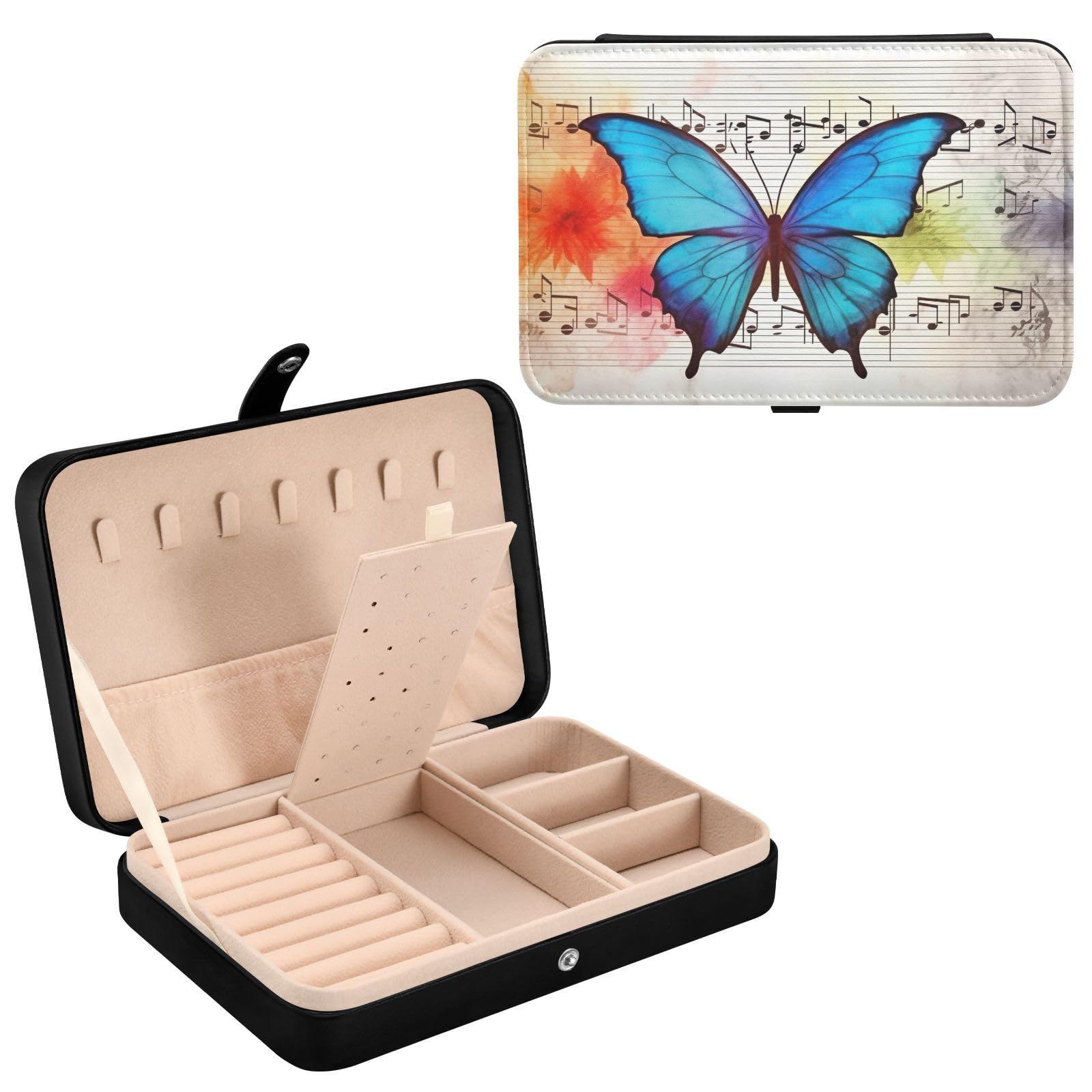 Haskirky Butterfly Musical Note Jewelry Box Portable PU Leather Travel Jewelry Organize for Women Jewelry Storage Display Holder for Ring, Necklace, Earring