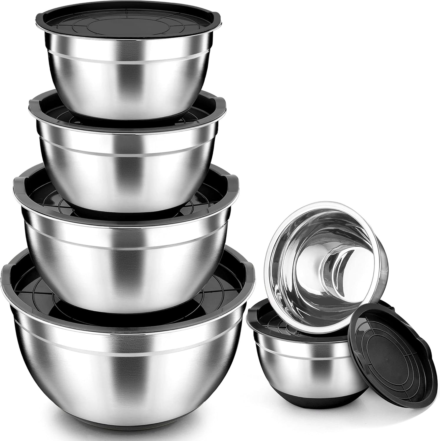 TeamFar Mixing Bowls, Black Mixing Bowls with Lids Set, Stainless Steel Nesting