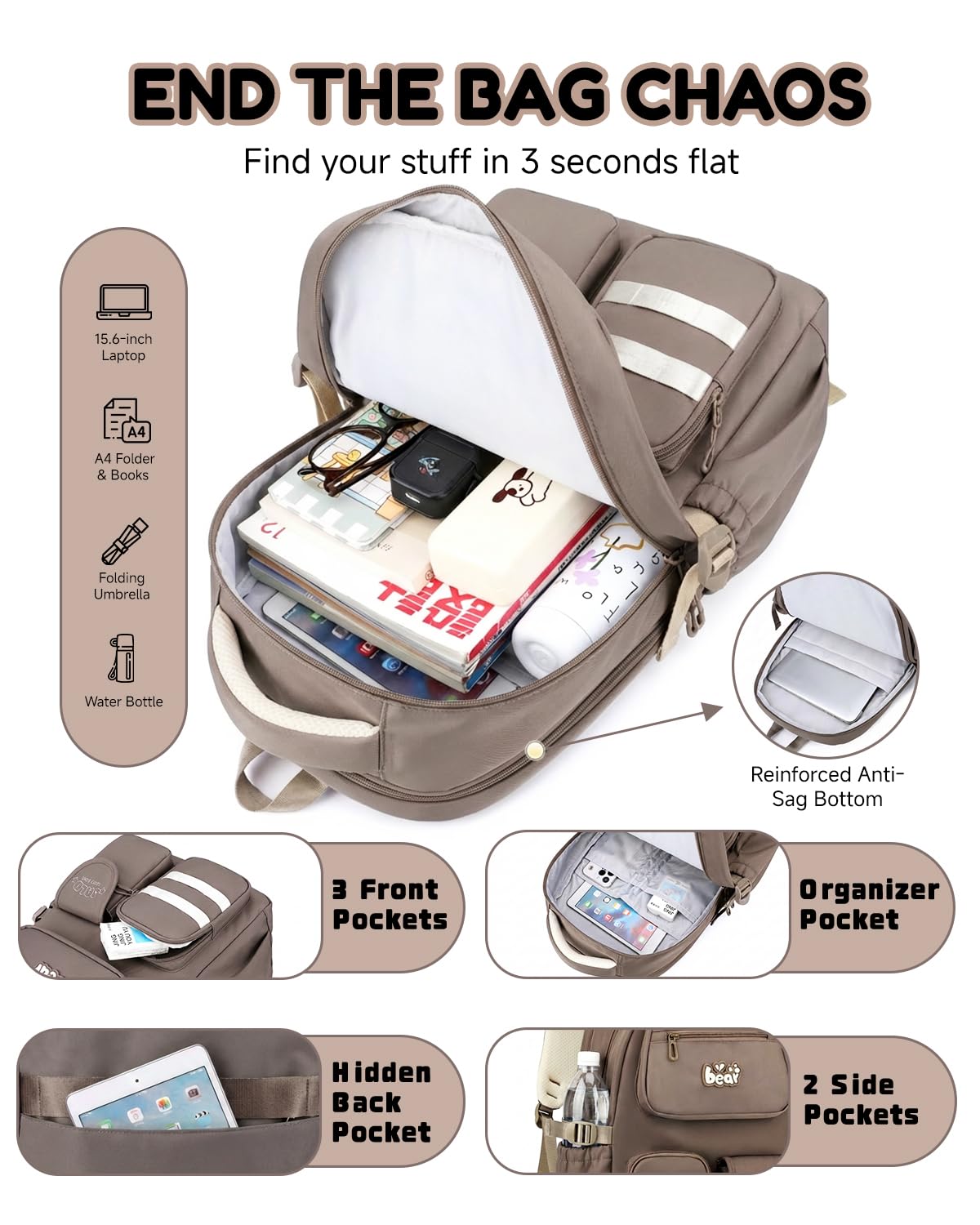 Amythe Schulrucksack für Mädchen Teenager - Großer Rucksack mit 15,6" Laptopfach, Trolley-Gurt & stylishen Anhängern - Leichte Schultasche Mädchen für Gymnasium & Reisen, Braun