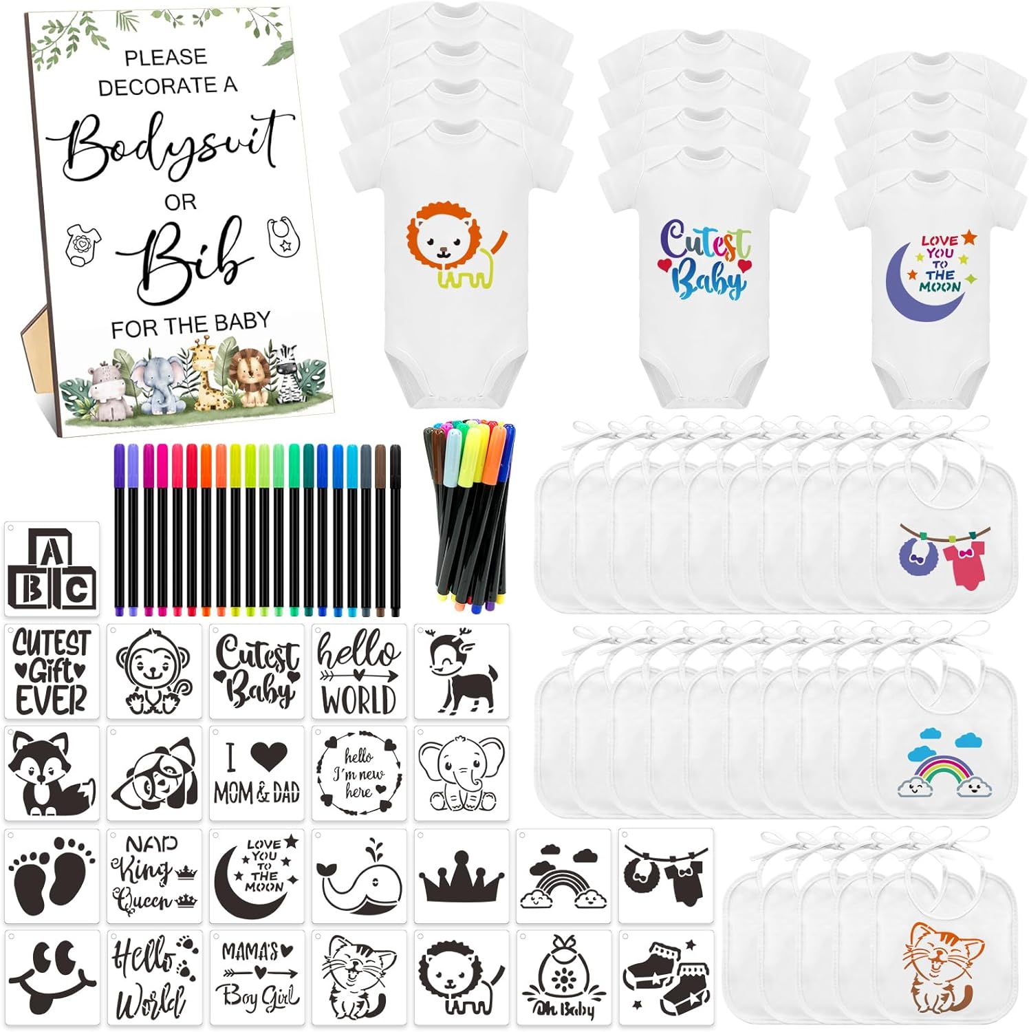82 Pcs Baby Bib Bodysuit Baby Shower Set Baby Shower Game Sign Baby Feeder Bib Newborn Bodysuit Fabric Marker