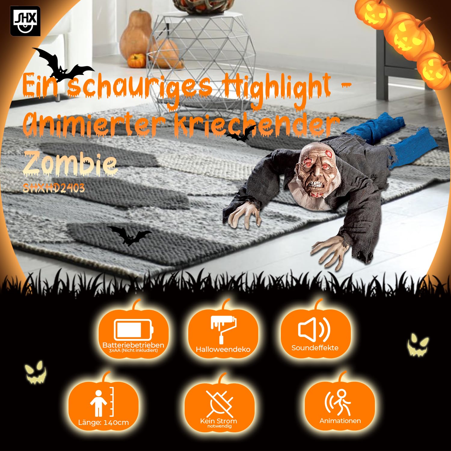 Dekoracja na Halloween Zombie 1,40 m – pełzająca straszna figurka z ruchem ramienia, czerwone oczy LED | dźwięk – figurka Halloween SHXHD2403 na baterie – dekoracja na imprezę, wejście, korytarz i