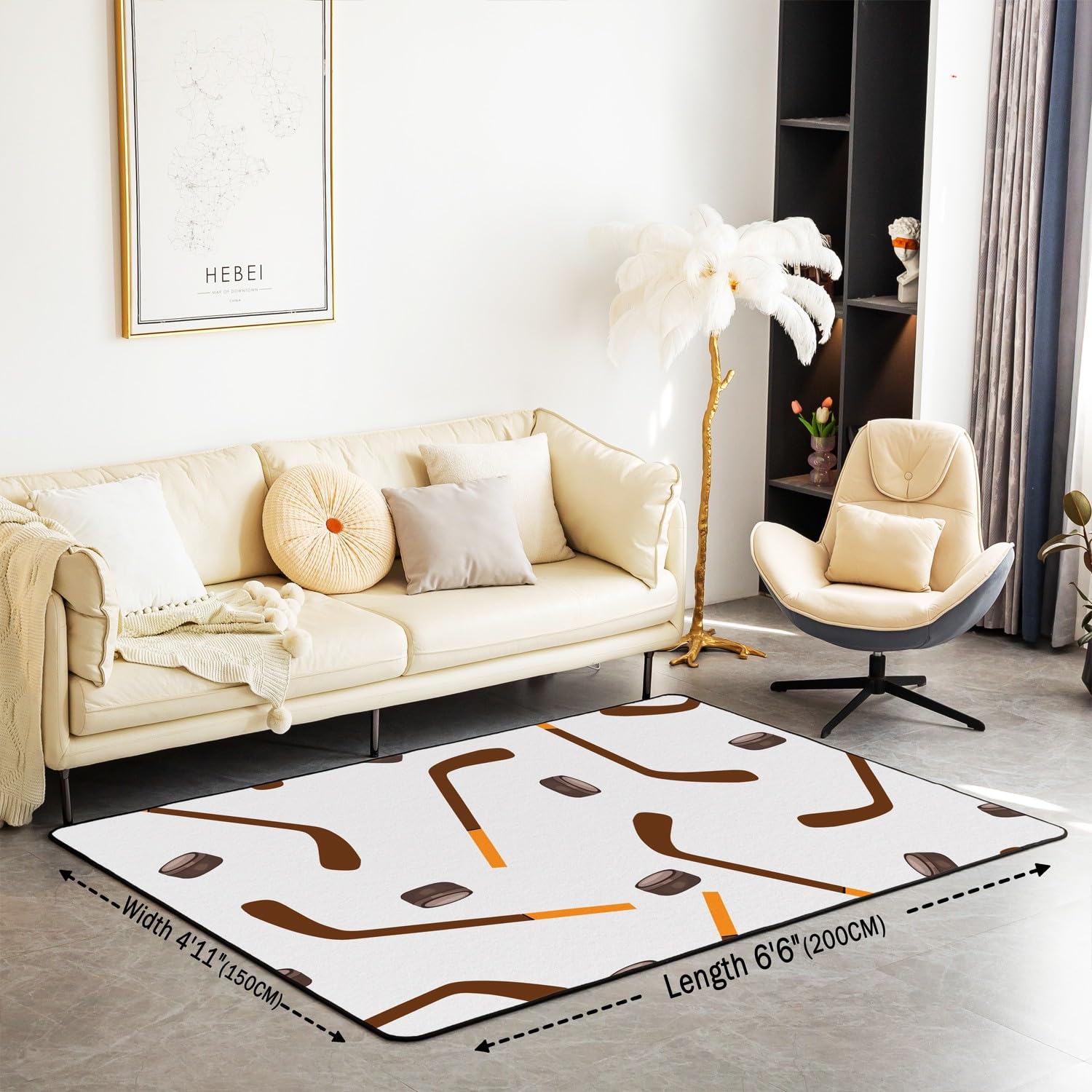 Loussiesd Alfombra decorativa gris de hockey sobre hielo, 150 x 200 cm, con dibujos animados de palos de hockey sobre hielo, para sala de estar, para niños y niñas, decoración de deportes de hielo