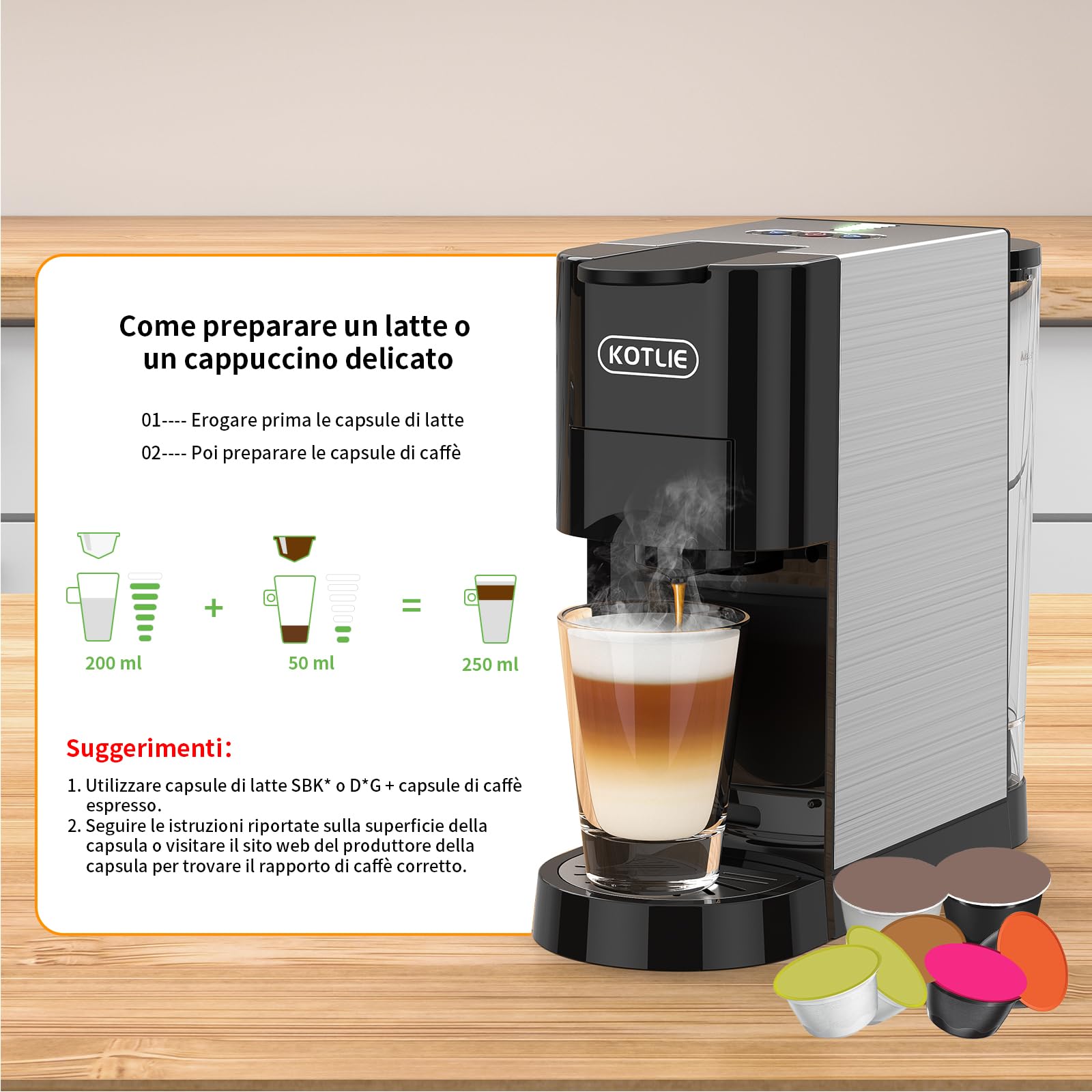 KOTLIE AC-513HF Macchina da caffè multifunzione 5 in 1 per NES/per DG/Caffè in polvere/ESE(44 mm)/per a modo mio, per tazze alte (Nero)