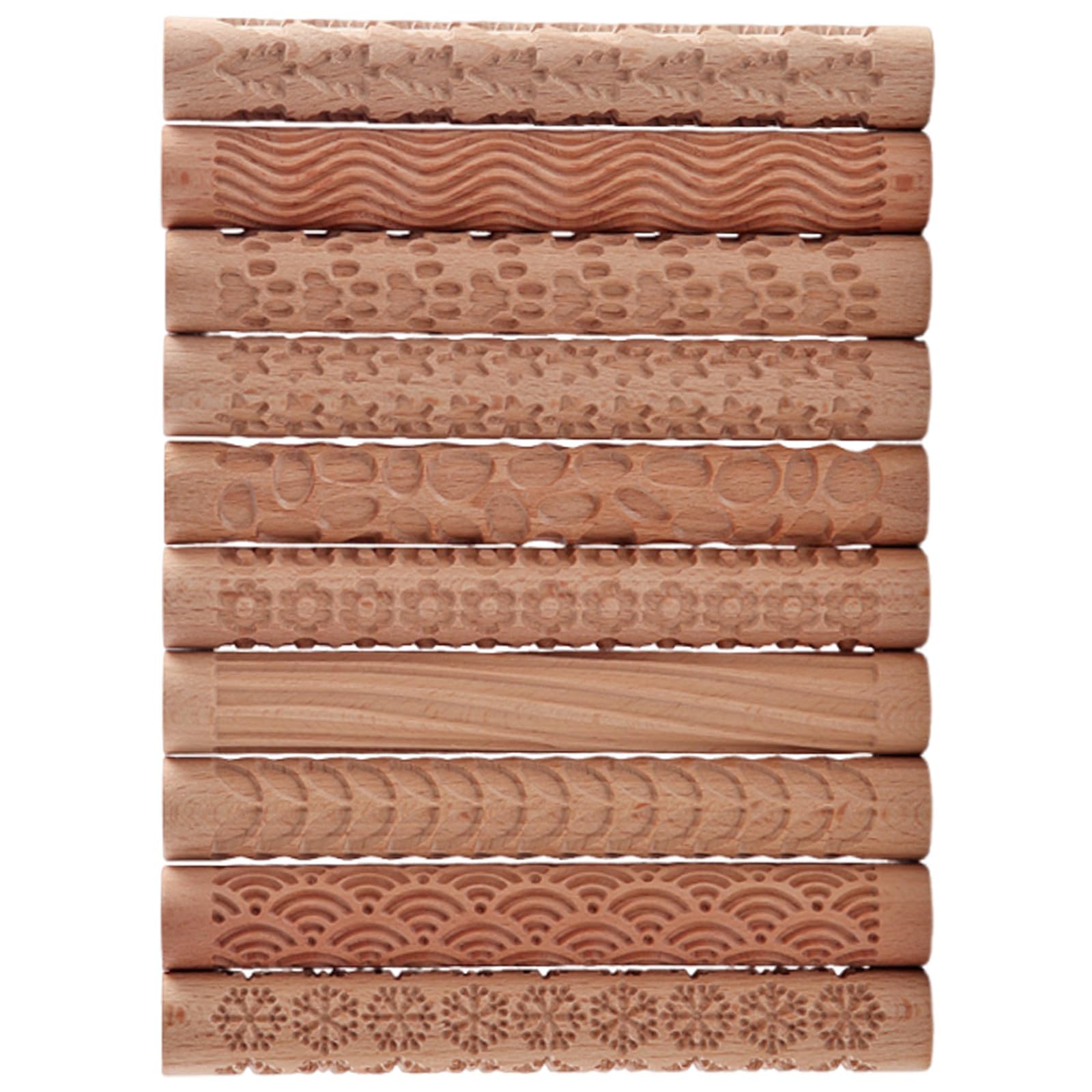 Juego de 10 Piezas de Rodillos de Madera para Arcilla Polimérica Mango de Madera y Patrones Tallados a Mano para Estudios de Cerámica y Proyectos DIY