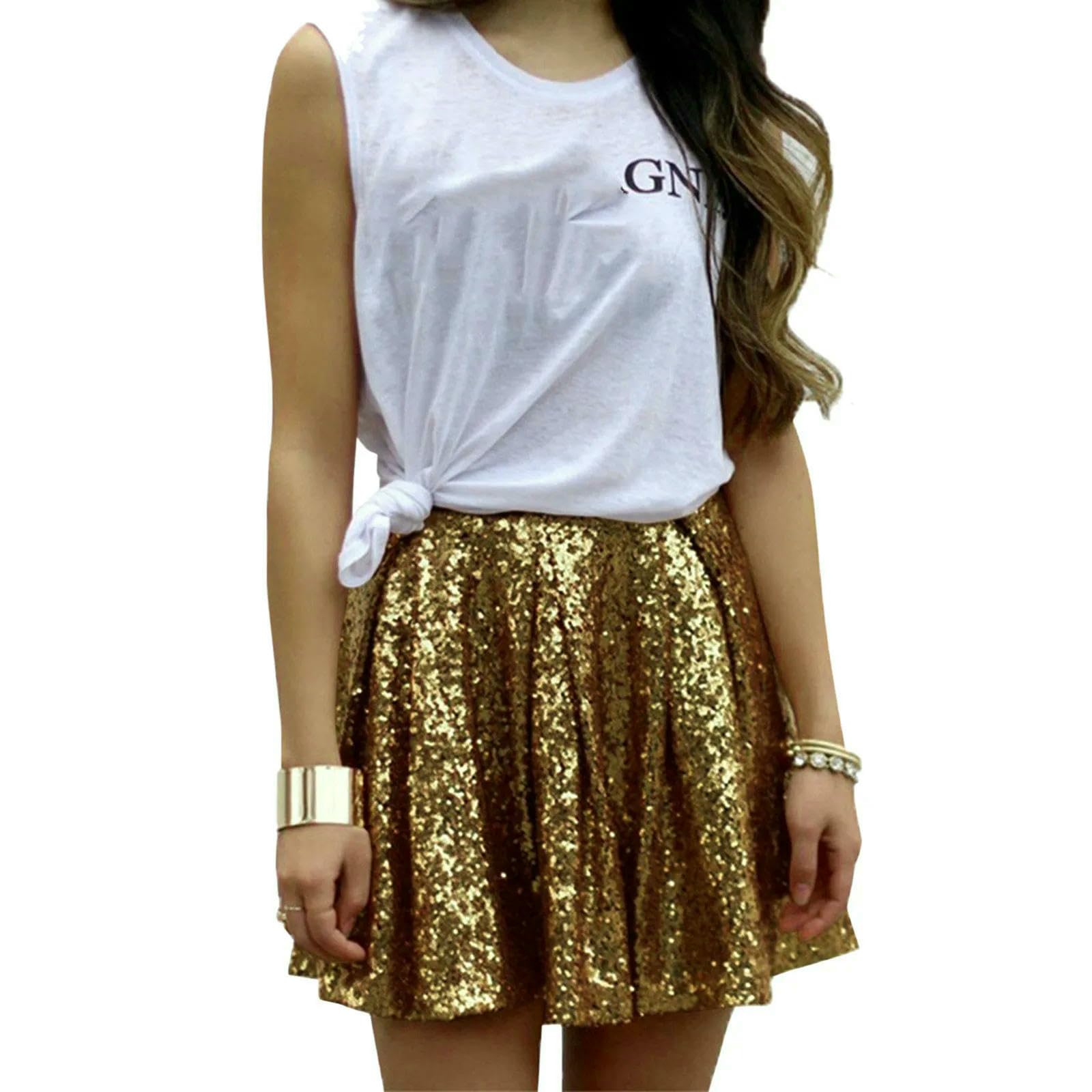 Gonna Gonne da Donna Mini Gonna A Pieghe in Piega da Donna con Paillettes Scintillanti Scintillanti Gonfie-Oro-s