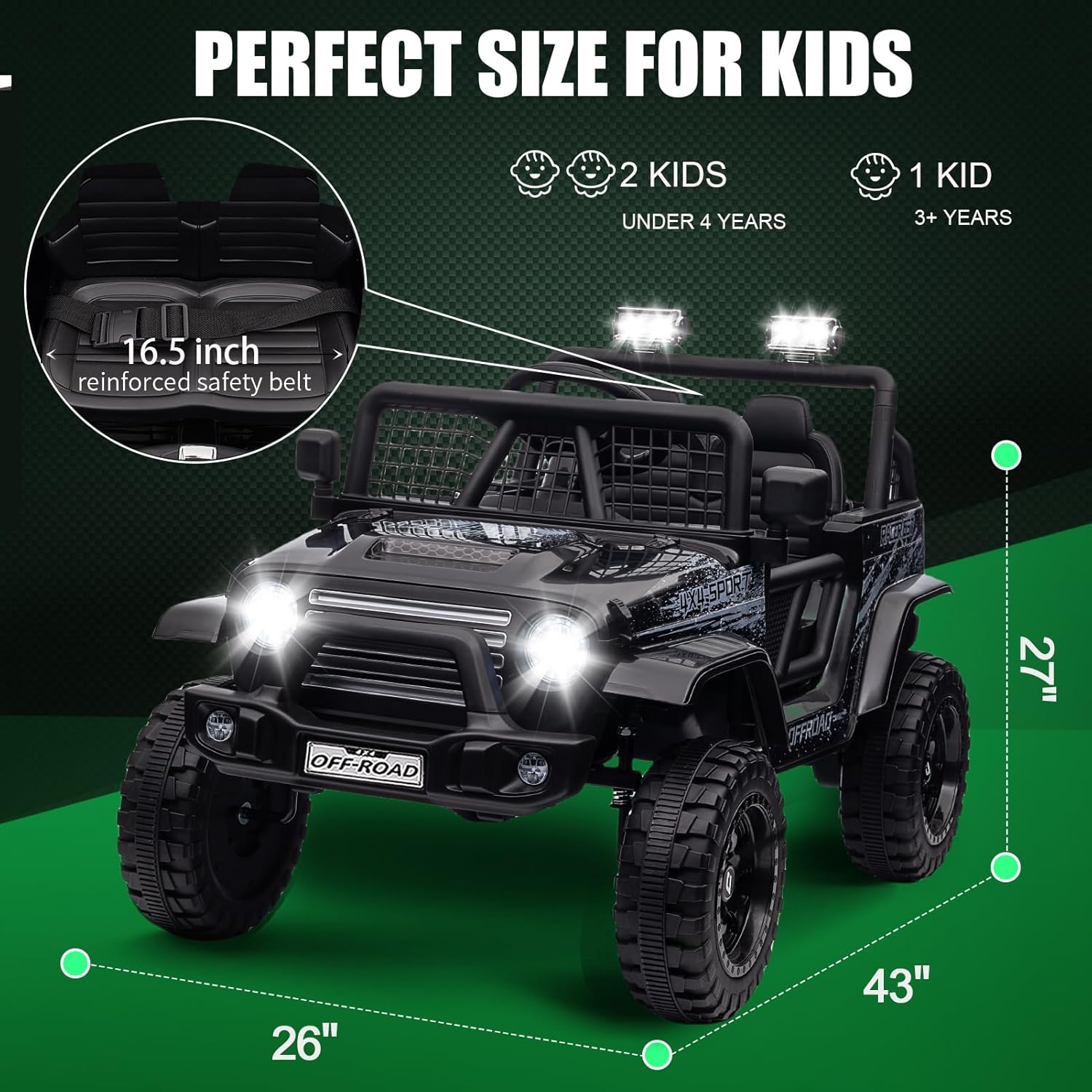 Dimensions of the BLISSRIDE 24V 4WD Kids Ride-On Jeep, highlighting its 16.5-inch seat width.
