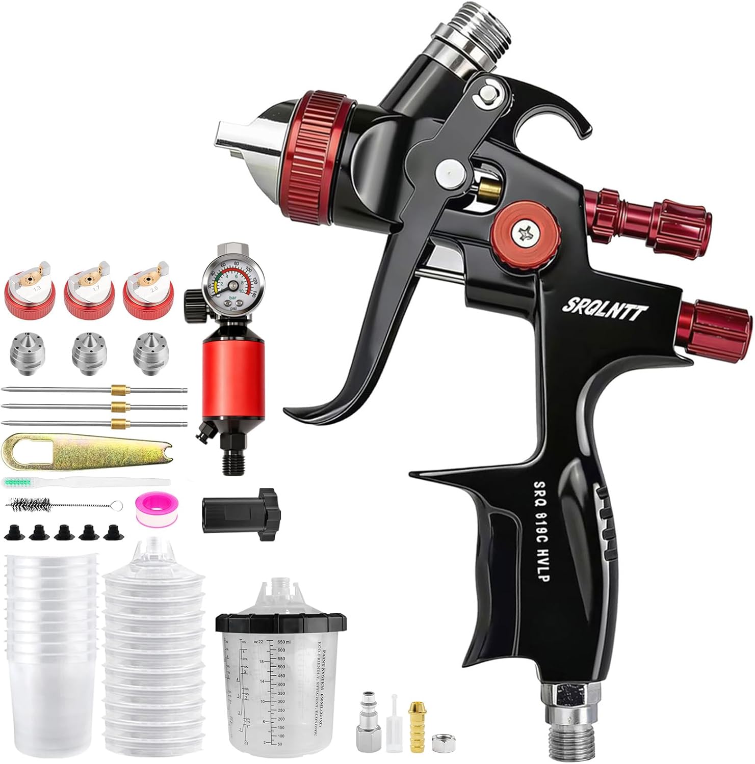 819 HVLP Air Spray Gun Kit with 1.4/1.7/2.0mm Nozzles, Paint Gun Includes 10 x 650ml Mixing Cups, Automotive Paint Gun with Integrated Air Regulator, Suitable for Car Paint, Primer & Touch-Up