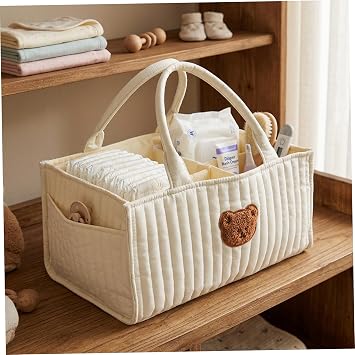 Diaper Caddy, 37.5x25x18cm Bear Pattern Baby Caddy Organizer with Dividers & Handles, Quilted Nursery Storage Basket for Newborn Essentials, Baby Shower Beige