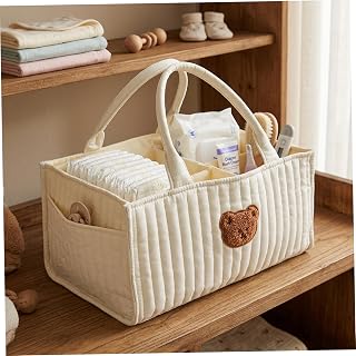 Diaper Basket, 37.5 x 25 x 18cm Bear Pattern Baby Organizer with Divider and Handle, Quilted Nursery Storage Basket for Newborn Necessities, Baby Shower (Beige)