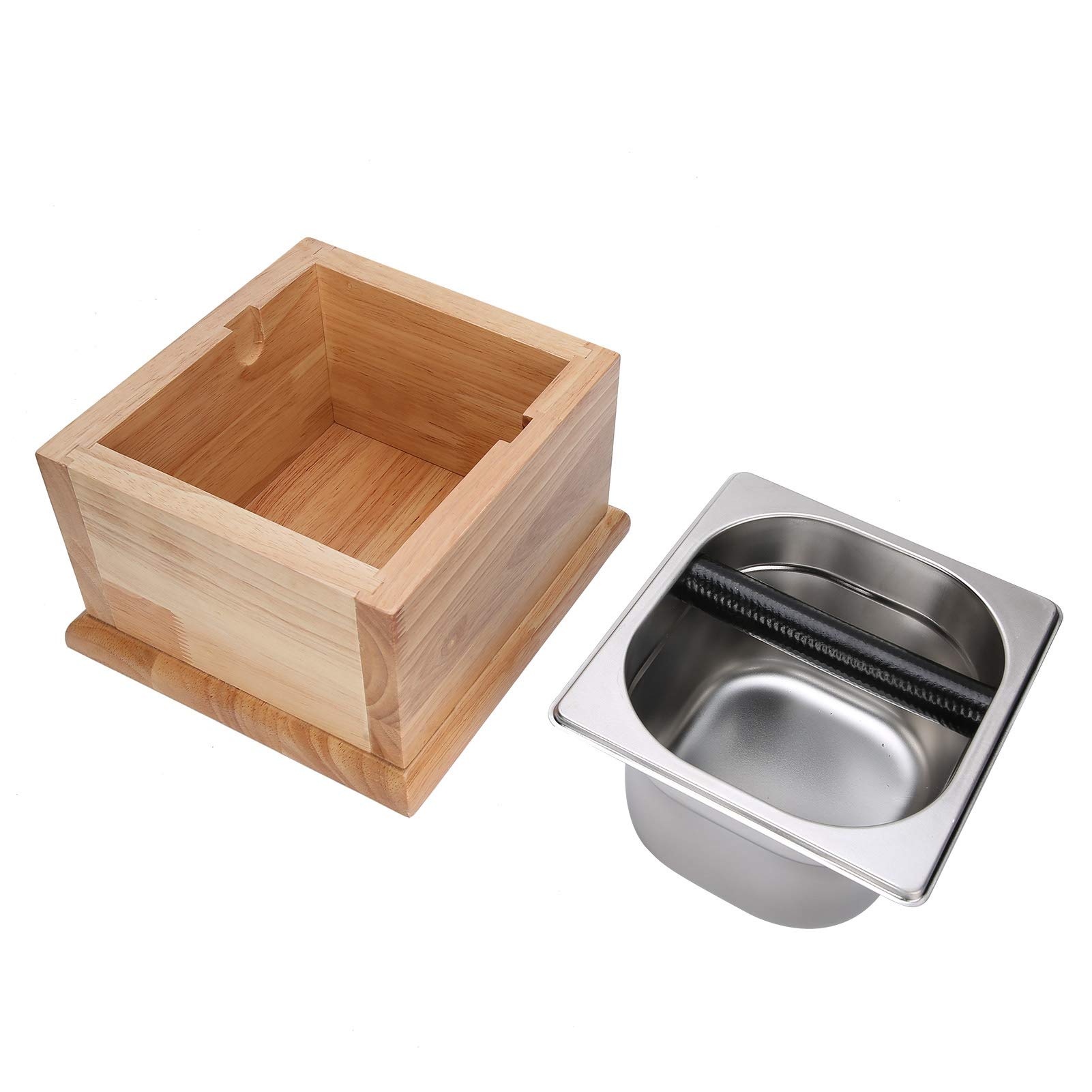 Knock Box Edelstahl-Kaffeesatzbehälter, Abfallbehälter mit Holzsockel, Kaffeezubehör, herausnehmbarer Edelstahl-Inneneinsatz, unverzichtbare Werkzeuge für Baristas