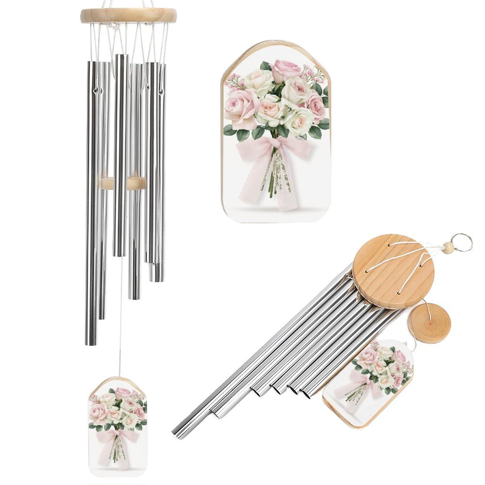 Bouquet of Pastel Roses with Lace Ribbon Wind Chimes Memorial Deep Tone Windchime with 6 Aluminum Tubes Outdoor Backyard Garden Decoration