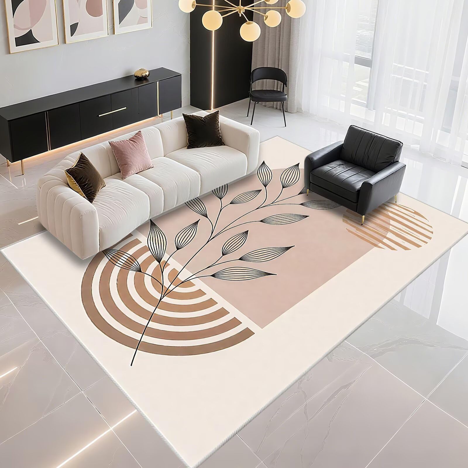 Tapis lavable 150x200cm beige et marron anti-dérapant pour grand salon