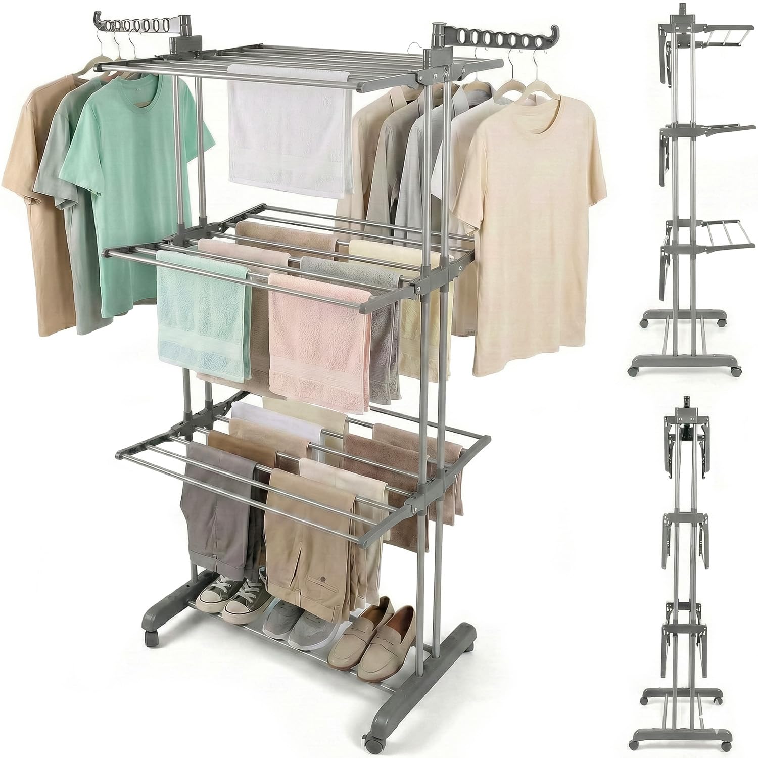 Rainberg Clothes Drying Rack, Extra Large 4-Tier Capacity Foldable Clothes Airer with Wheels, Adjustable Large Stainless Steel Garment Laundry Racks for Indoor Outdoor with Foldable Wings