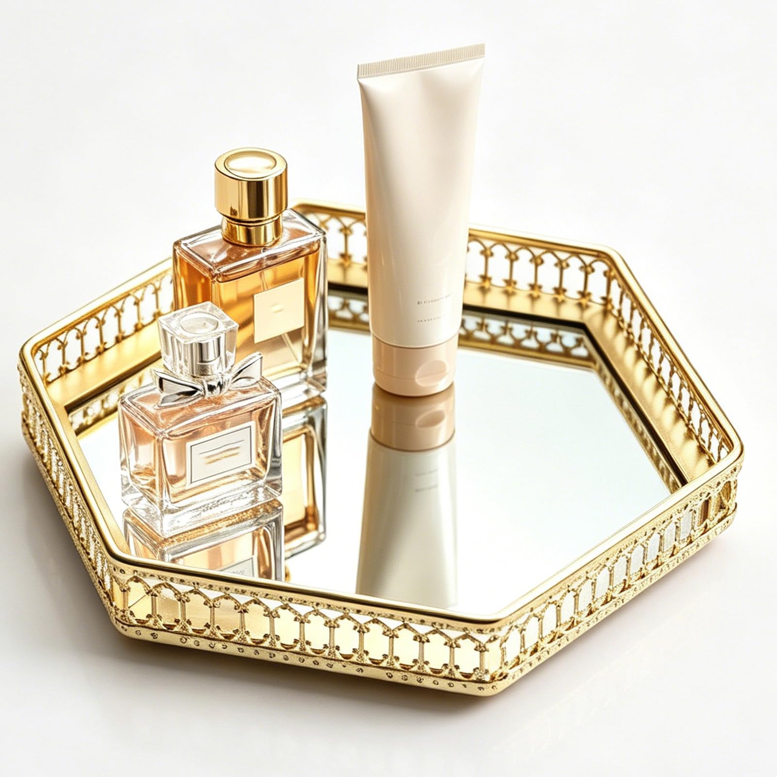 Photo 1 of Perfume Organizer, Gold Mirror Perfume Tray, Decorative Metal Vanity Tray with Heart Cutouts, Jewelry Makeup Cosmetic Display Tray for Bathroom Dresser Bedroom Living Room (S, Hexagonal)