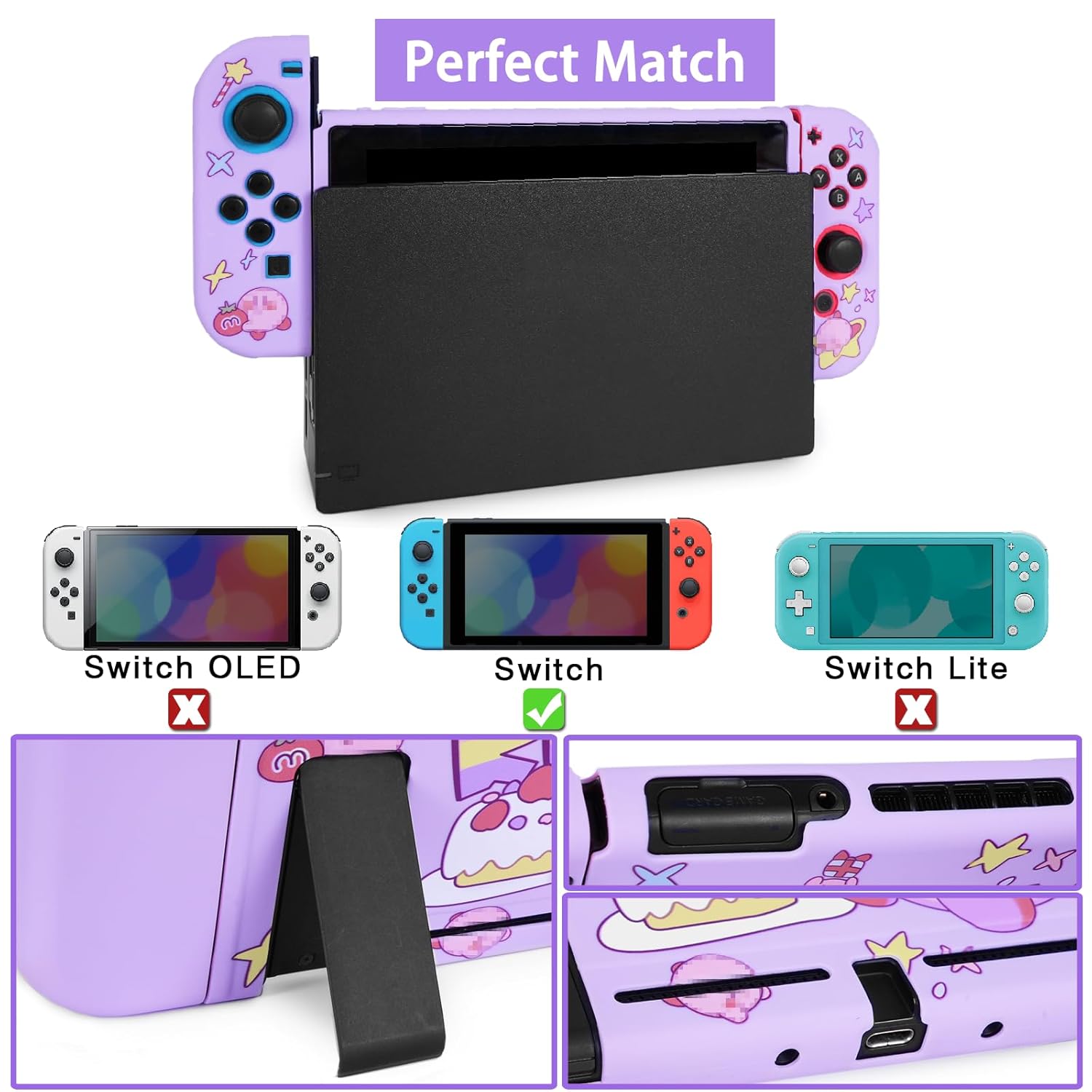 TIKOdirect Carrying Case for Switch, Cute Portable Travel Bag Accessories with Soft Protective Cover, Screen Protectors and Thumb grip caps, Game Card Case 7in1, Purple - Image 3