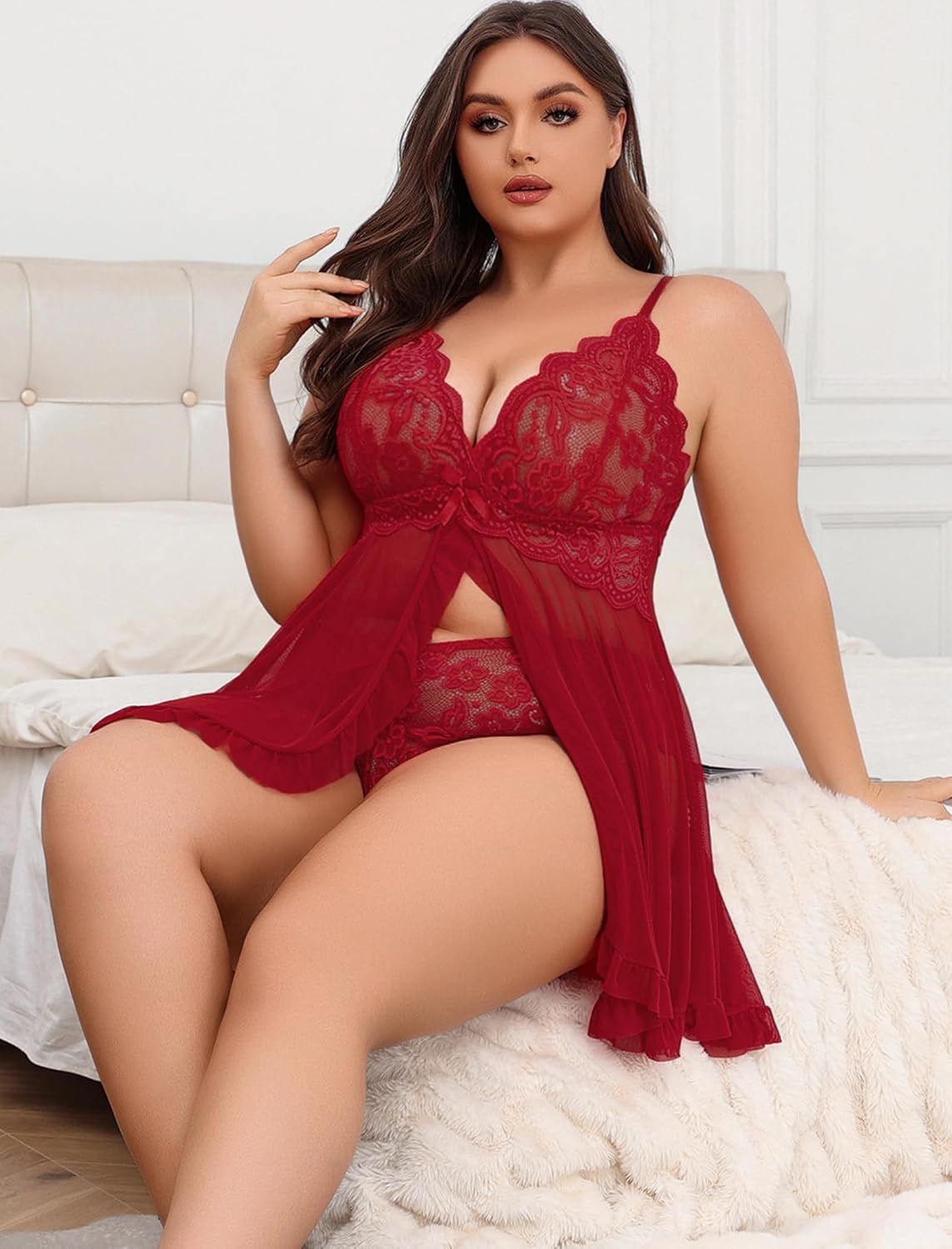 Avidlove Plus Size Lingerie for Women Sexy Lingerie Dress Lace Babydoll Lingerie V-Neck Open Front Strap Nightdress - Image 6