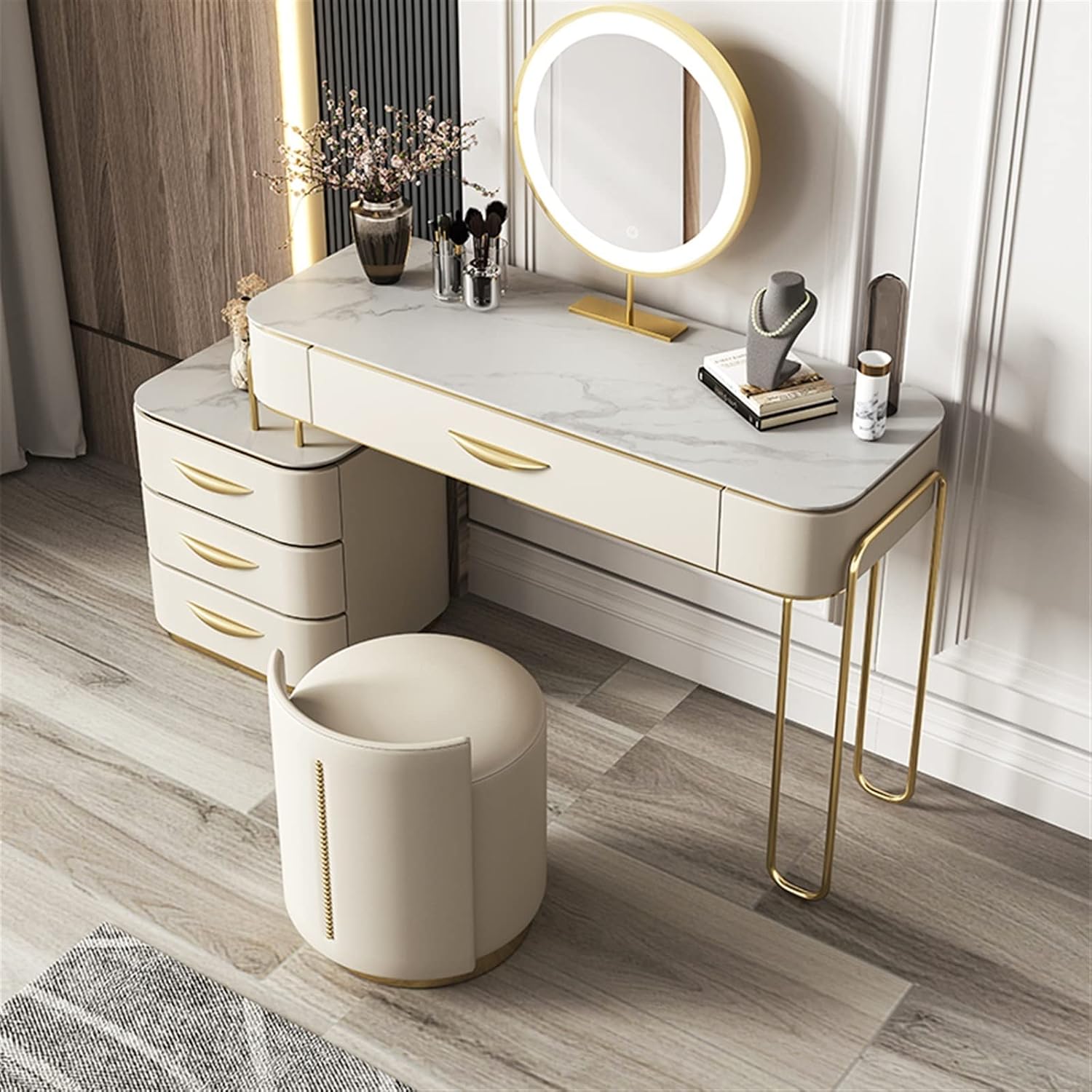 Vanity Dressing Table Set Luxury Makeup Bench with 3 Colors Led Hd Mirror,Comfortable Stool Drawers Cabinet,Modern Simple Style,for Girl's Gift (Size : 100cm) ()