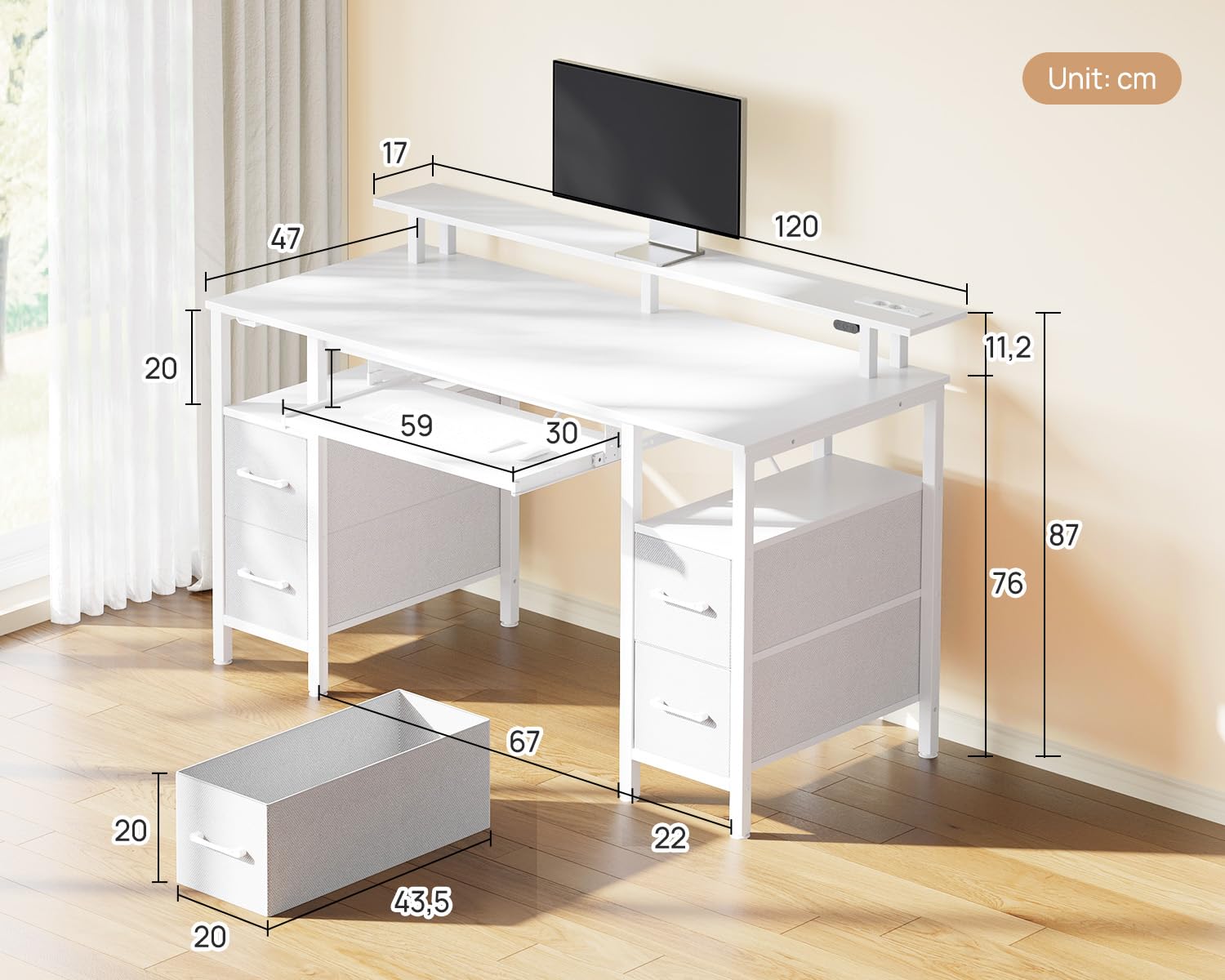 Seventable Bureau Gaming 120 cm avec Intégrée, LED RGB, Bureau avec Rangement et 4 Tiroirs en Tissu, Plateau Clavier Ergonomique et Support Écran, Blanc