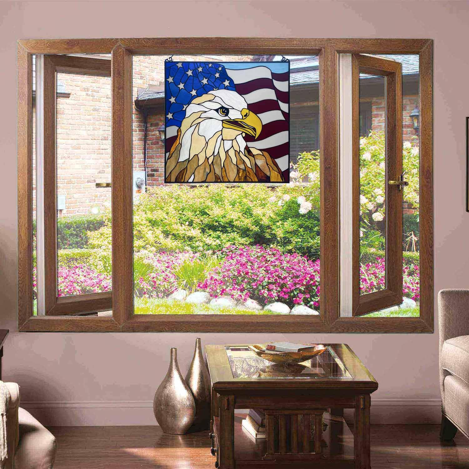 Bieye W10108 Bald Eagle with American Flag Tiffany-Style Stained Glass Window Panel, 22