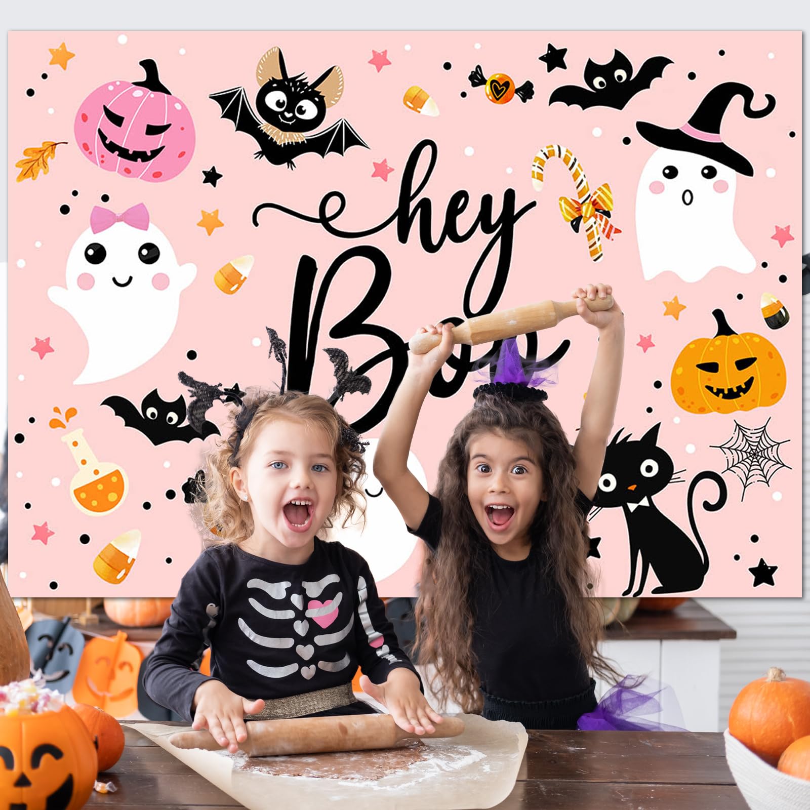 MEHOFOND 7x5ft Halloween Baby Shower Backdrop - Purple Hey Boo Ghost Rainbow Banner