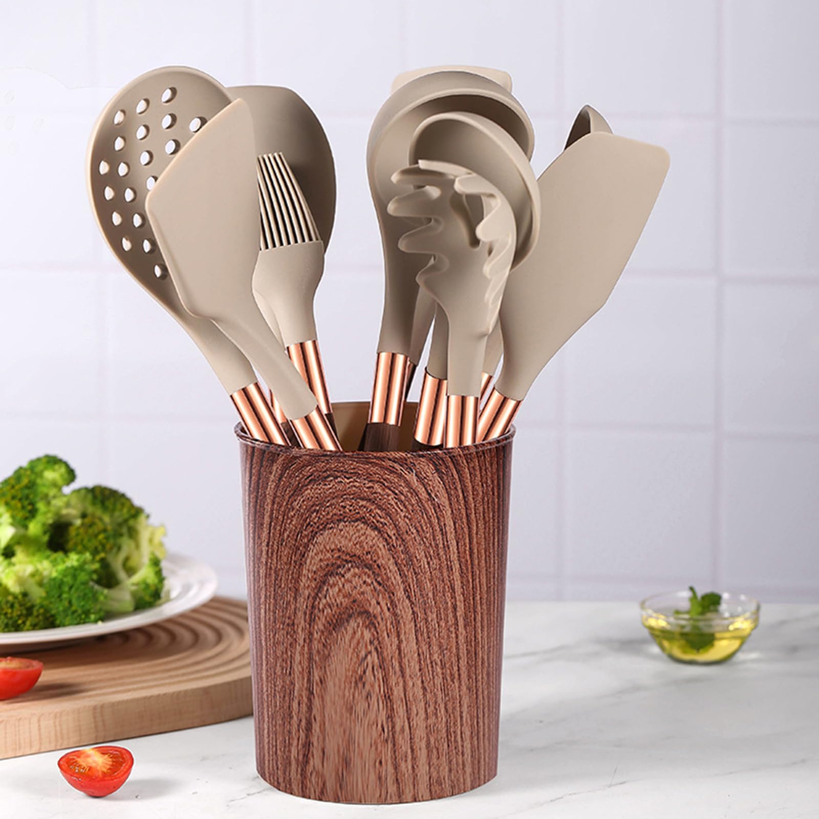 Küchenhelfer Set, 12 Stück Silikon Kochutensilien Kochbesteck Set, Hitzebeständiger Kochgeschirr mit Aufbewahrungseimer,Antihaft Kochset Küchenutensilien mit Holzgriff, Tongs, Whisk, Spatula