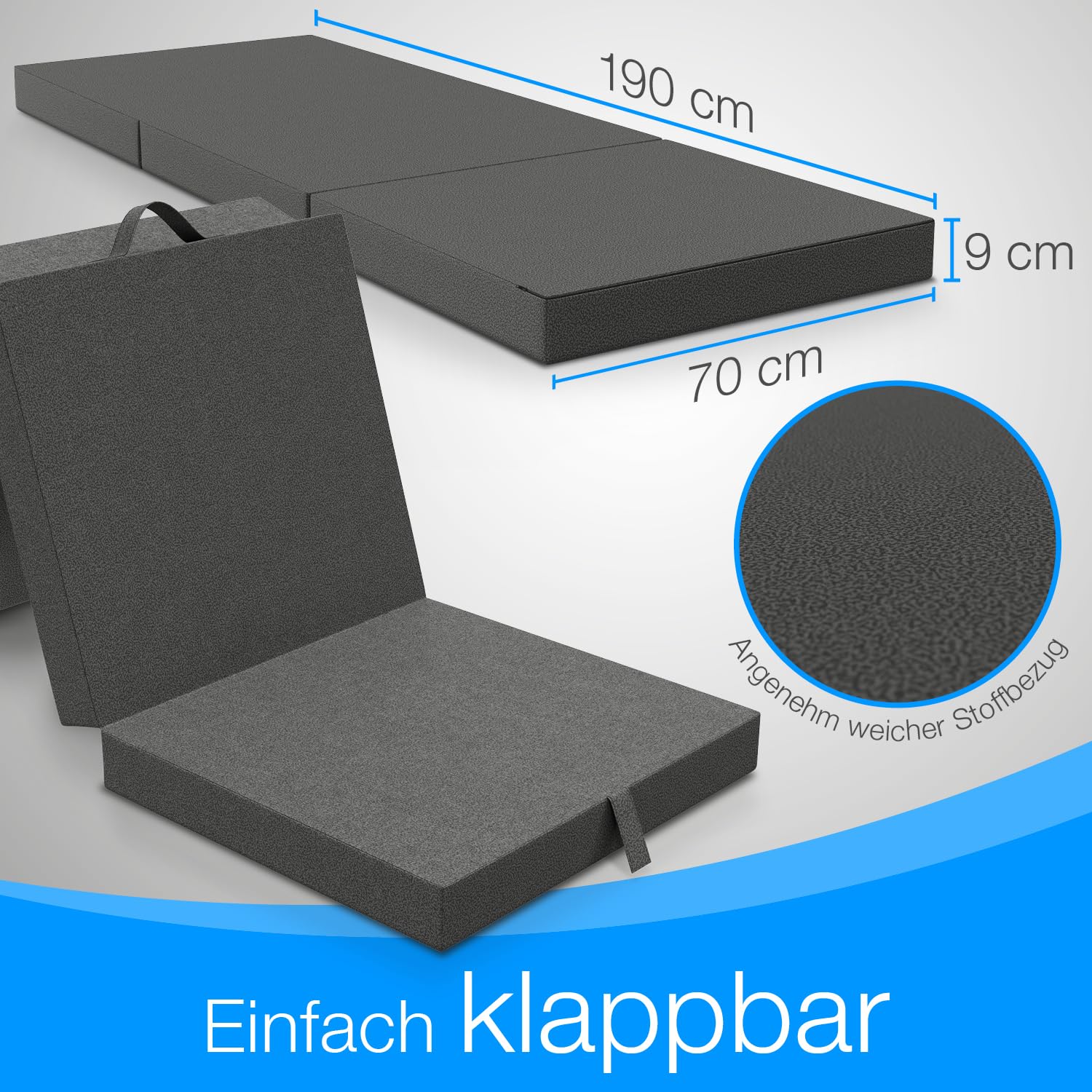 ELONEO Klappmatratze 65x195 cm, 9 cm hoch, Klappmatratze Kinder faltbar, klappbare Gästematratze, Faltbare Matratze, Reisematratze für Kinder und Erwachsene für Reisen und Camping