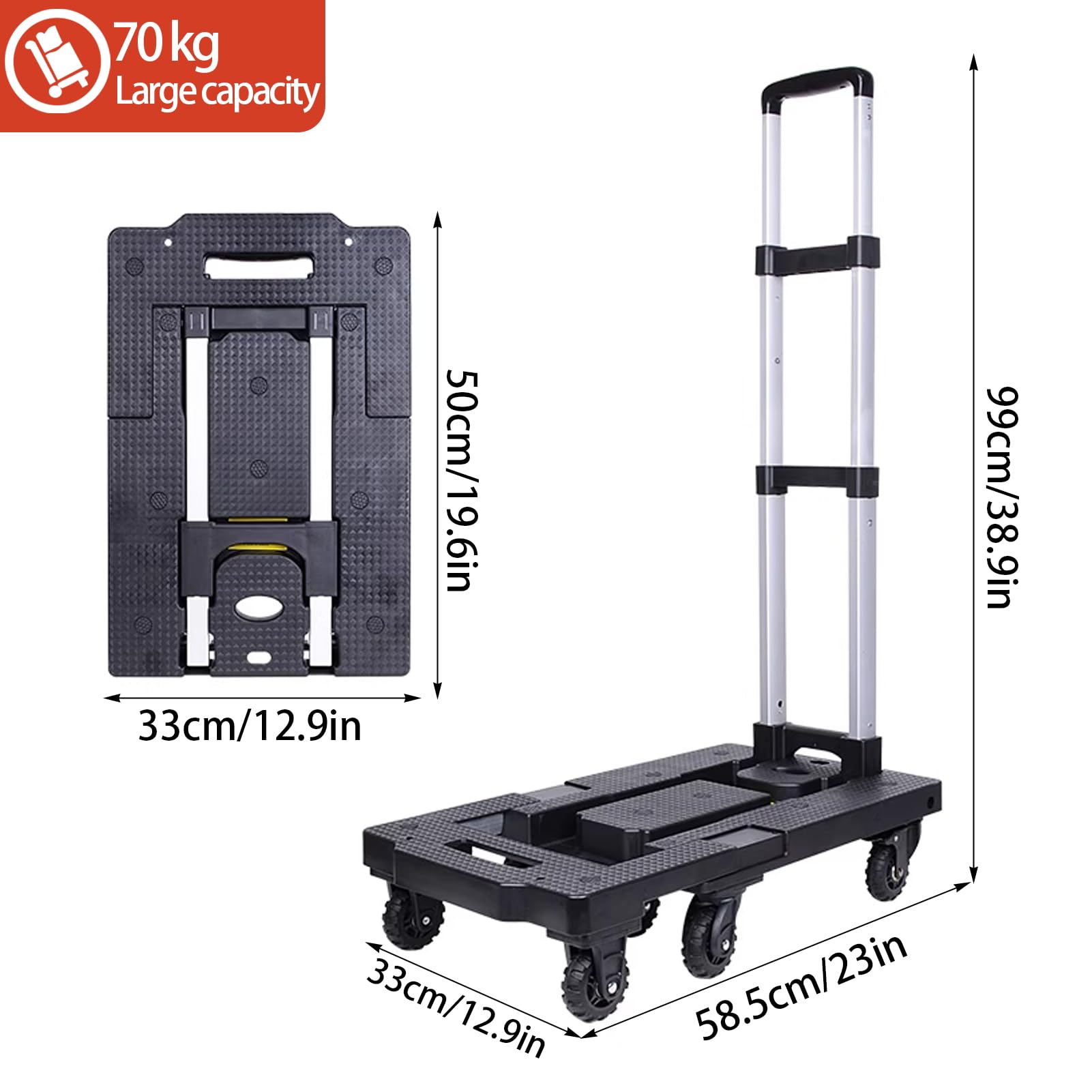 Carretilla De Carga con 7 Ruedas, Carro De Mano Plegable De Aluminio y 360° con Frenos - Transpaleta Manual Compacta Y Chasis Ajustable para Uso Industrial, Almacenes Y Logística (A-Negro)