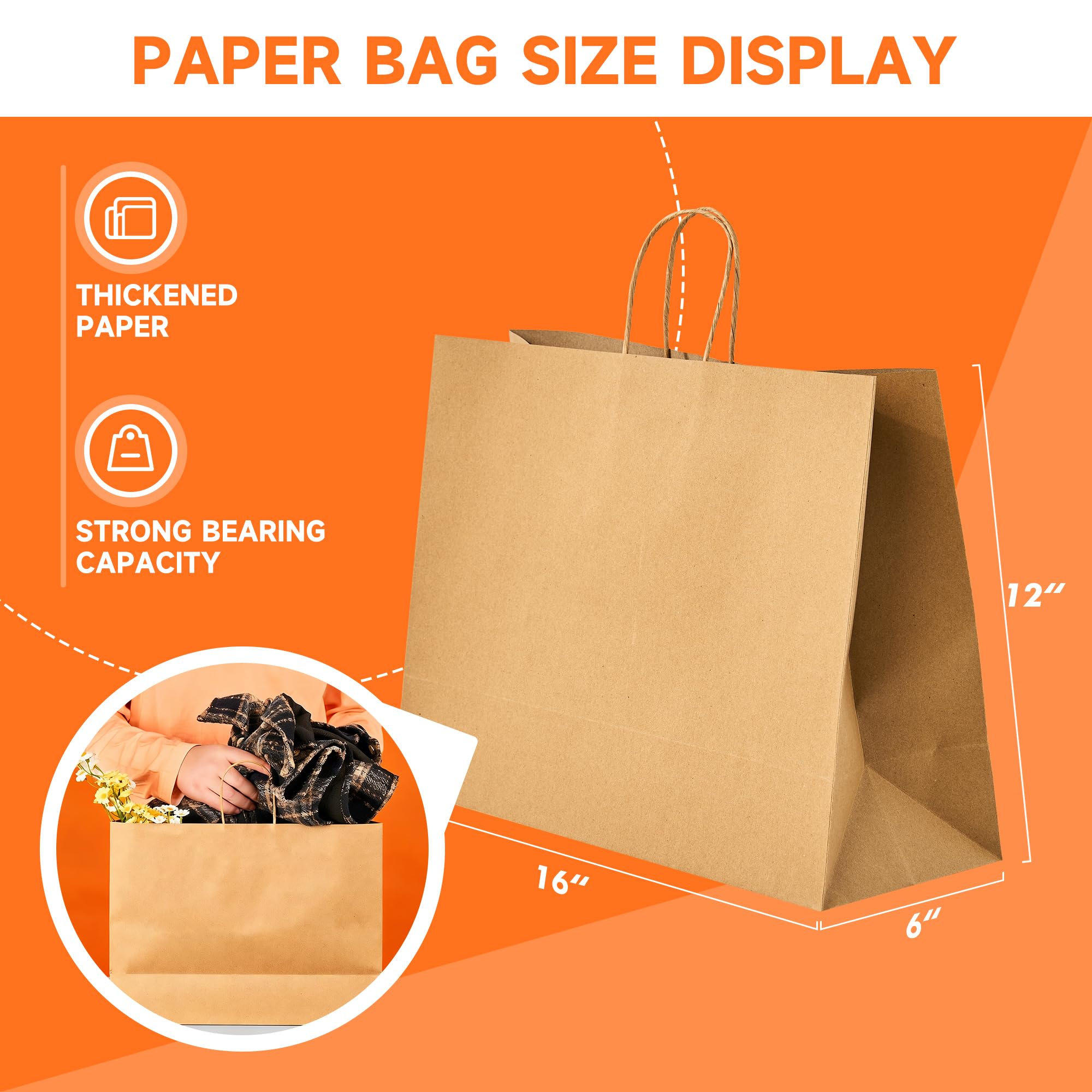 METAPRINT 100 szt. dużych brązowych papierowych torebek z uchwytami luzem, 16 x 6 x 12 torebek na prezenty typu kraft, nadające się do recyklingu, torby na zakupy do sprzedaży detalicznej, na urodziny