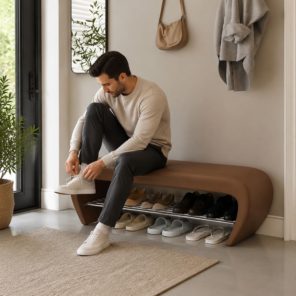 Storage Ottoman Bench with Cushion, Modern Simple Shoe Changing Stool