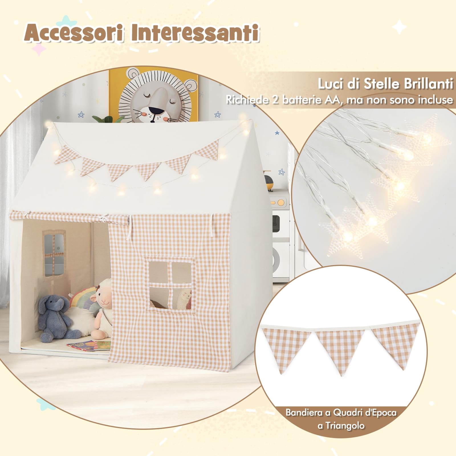 GYMAX Grande Casa Tenda da Gioco, Tenda Casetta con Tappetino Imbottito, Luci a Stella e Bandierine, Tenda da Interna Esterna con Finestre, Porte e Tasche Portaoggetti, Regalo per Bambini 3-8 Anni