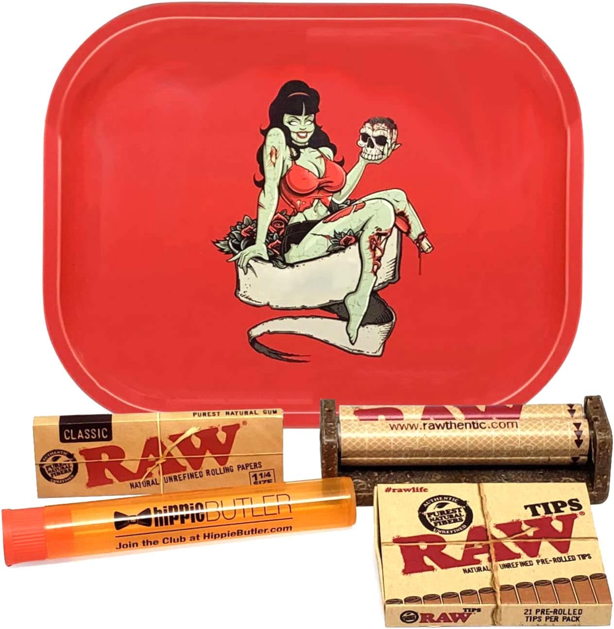 Bundle - 5 Items - RAW Classic 1 1/4 Rolling Papers, 79mm Roller, Pre-Rolled Tips with Hippie Butler Mini Rolling Tray and Hippie Butler Kewl Tube (Zombie Pin-Up)