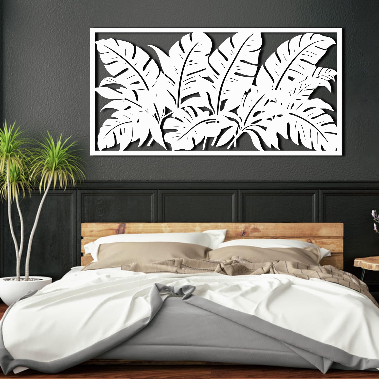 Schwarze Metall-Wandkunst mit Palmenblättern, Tropische Metall-Wandkunst, Blattkunstwerk, Moderne Skulptur für Wohnzimmer, Schlafzimmer, Flur, Heimdekoration (Weiß, 53" x 27" / 135 x 69 cm)