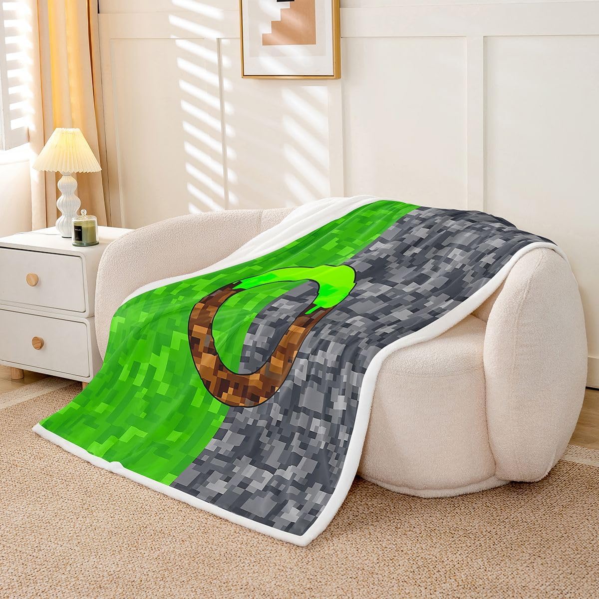 Castle Fairy Initial Letter O Throw Blanket for Kids,Pixelated Gamepad Green Grey Brown Fleece Throw Blanket for Bedroom Sofa Dorm Decor,Pixel Grid Games Lightweight Bed Blankets,40 x 50 Inches image 5